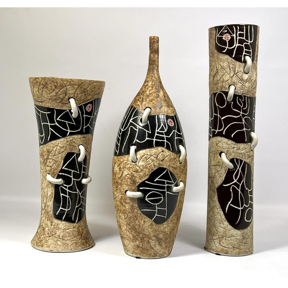 3pc Contemporary Ceramic Pottery Vases. Modern Incised Design with 3D Applied Elements. (1 of 13)