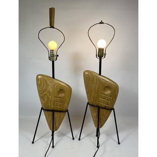 Pr Rare Yasha Heifetz Table Lamps. Carved Wood Modern Design Table Lamps. Black Iron Rod Bases.: Pr Rare Yasha Heifetz Table Lamps. Carved Wood Modern Design Table Lamps. Black Iron Rod Bases. Dimensions: H: 33 inches: W: 11 inches: D: 5.5 inches --- We offer curbside delivery to NYC, Manhattan,