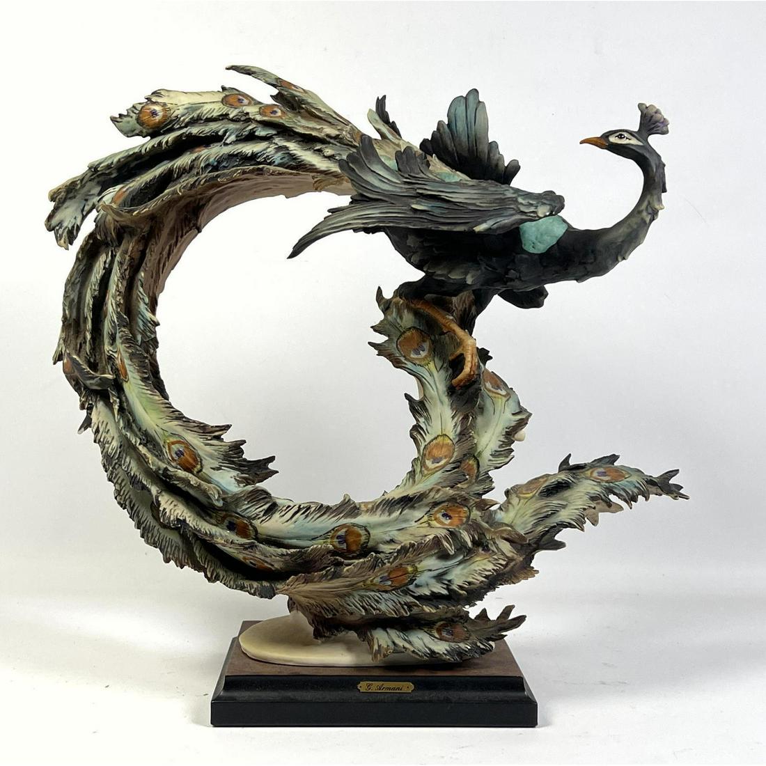 Guiseppe Armani Sculpture of Peacock. 1266/5000. Naples Florence.: Guiseppe Armani Sculpture of Peacock. 1266/5000. Naples Florence. Dimensions: H: 17 inches: W: 16 inches: D: 8 inches --- We offer curbside delivery to NYC, Manhattan, Close Brooklyn, Hoboken about a 