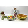 4pc Lot Modernist World Ceramics. HUNGARY Female Figure. MANN Italian Hand painted Circle Dot Bowl.