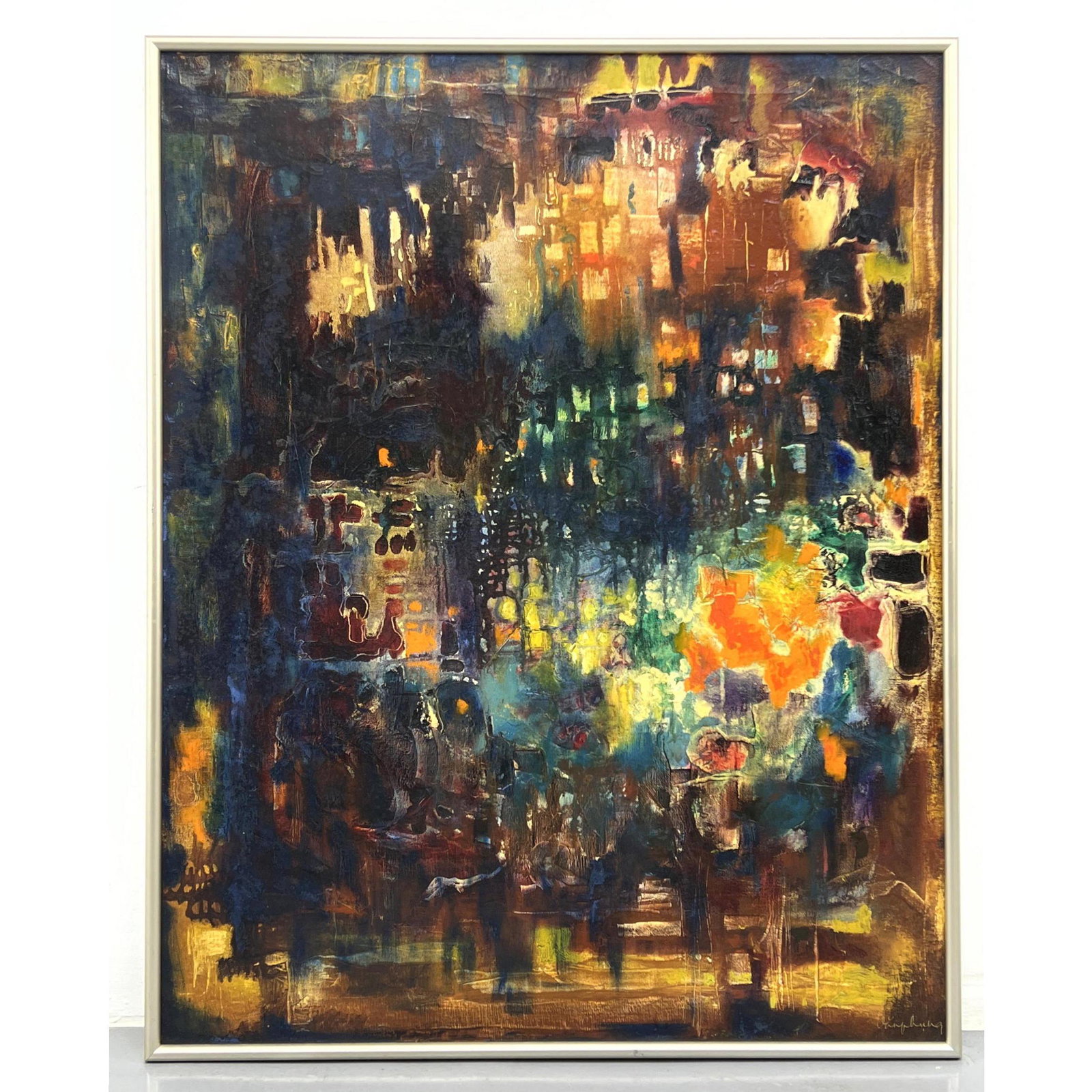 Abstract Modernist Painting. Colorful Abstracted Cityscape. Signed illegibly. (1 of 8)