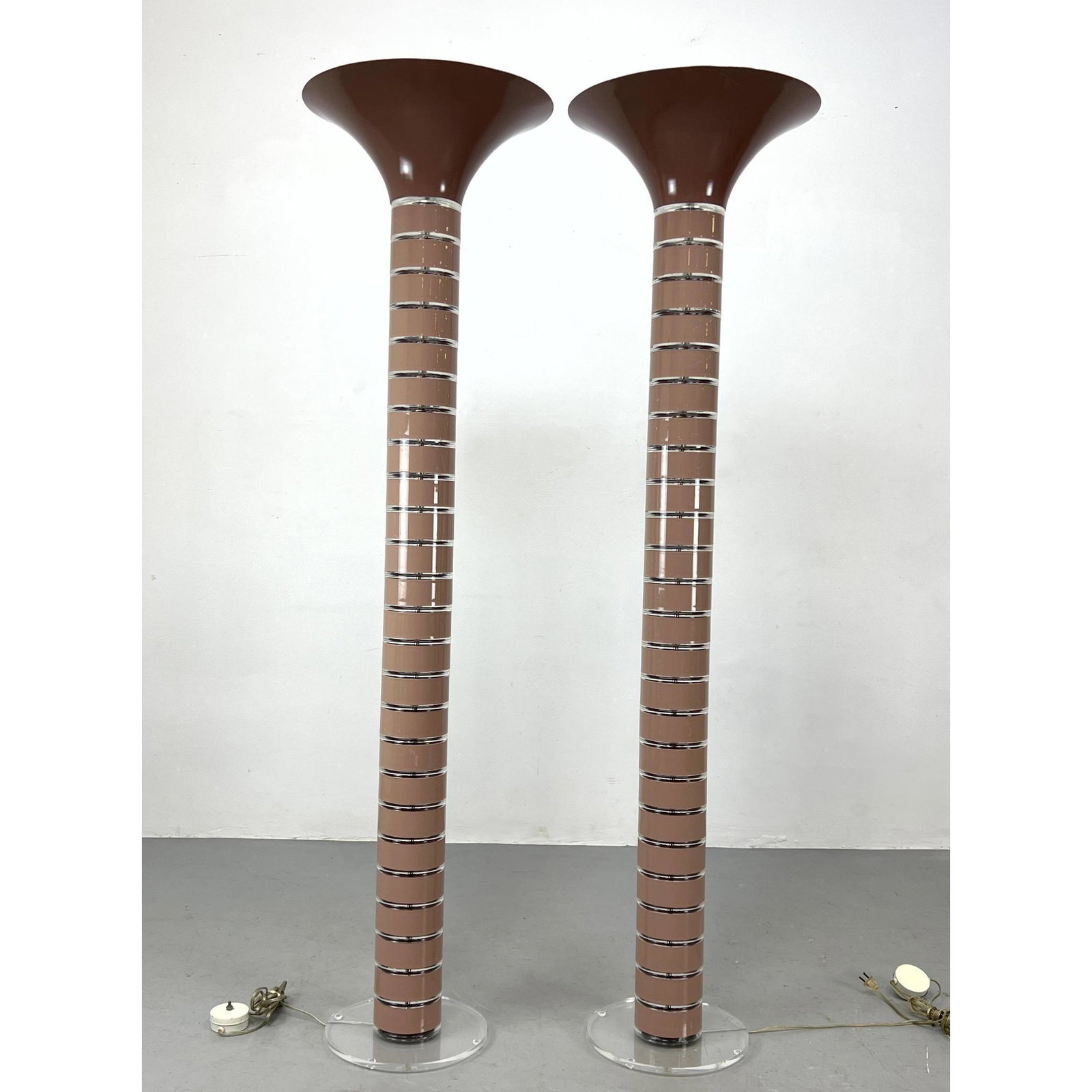 Pr Modernist Torchiere Floor Lamps. Enamel Painted Metal column with Lucite Spacers. Flared Metal To (1 of 10)