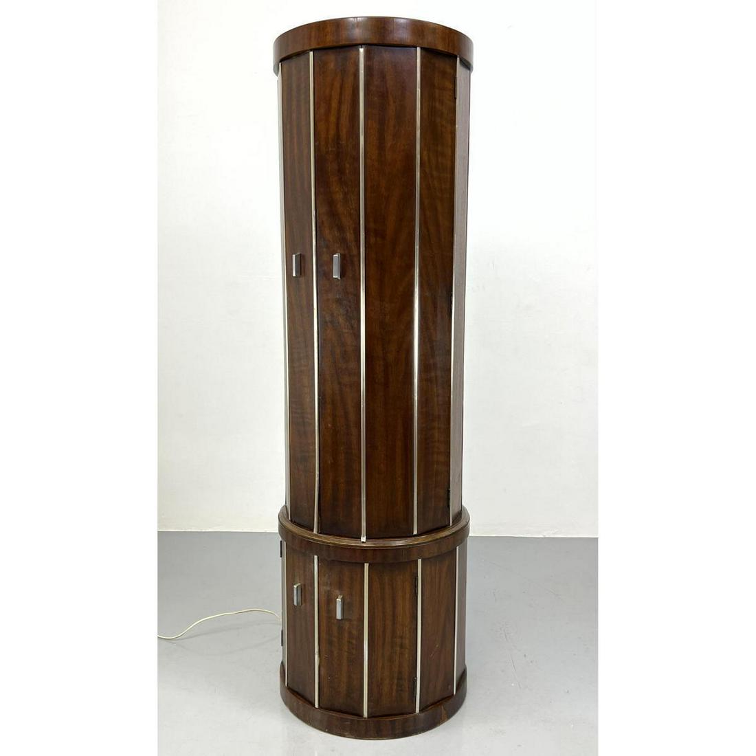 Art Deco Style Bar Cabinet. American Modern Walnut Column Display Cabinet. Silver band details. Ligh (1 of 15)