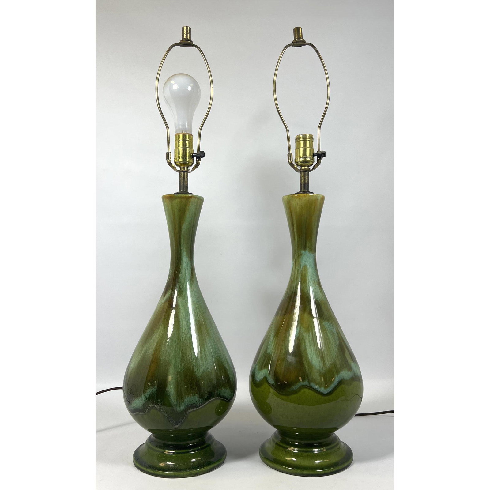 Pr Teardrop Shape Green Drip Glazed Table Lamps. Modernist Lighting. (1 of 7)