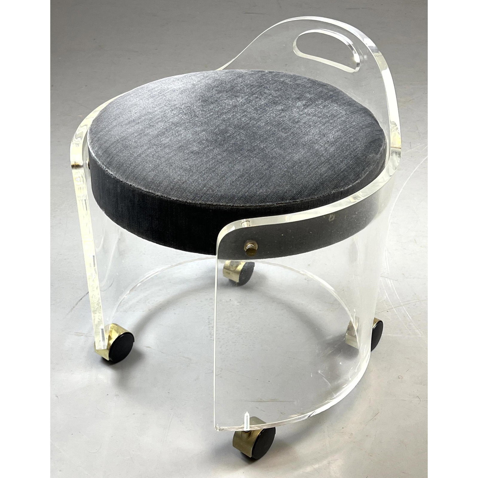 HILL Lucite Rolling Vanity Seat Stool. Upholstered Seat Cushion. Label. (1 of 8)