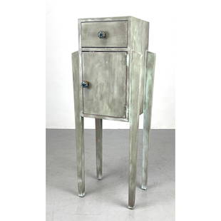 Art Deco PAUL FRANKL style ETHAN ALLEN Tall Stand Cabinet. One door and drawer. Teal gray paint tall: Art Deco PAUL FRANKL style ETHAN ALLEN Tall Stand Cabinet. One door and drawer. Teal gray paint tall stand. Pottery knobs. Dimensions: H: 42 inches: W: 16.5 inches: D: 12 inches --- We offer curbside