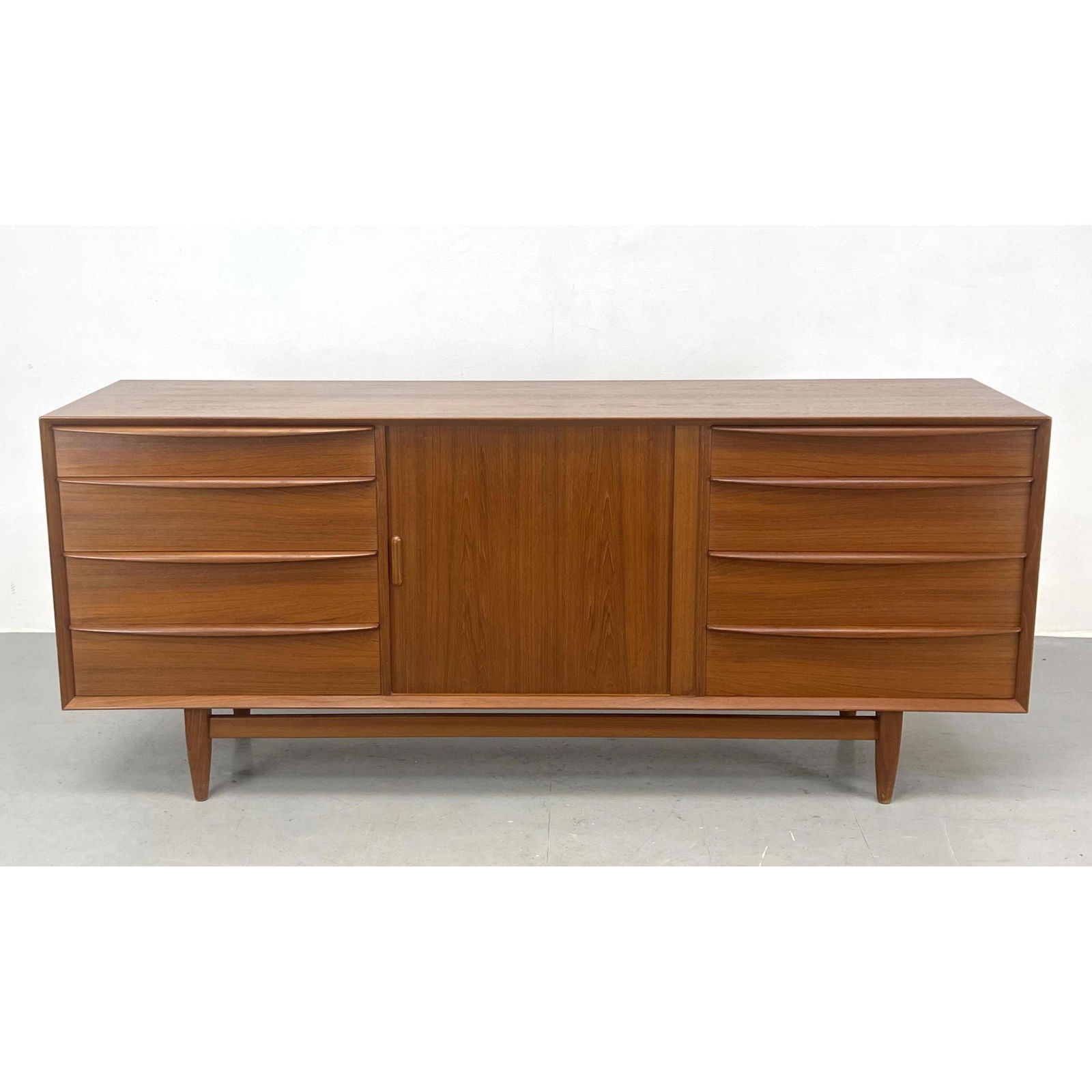FALSTER Danish Modern Teak Credenza Dresser. Drawers with horizontal wood pulls. Raise on legs. Mark (1 of 9)