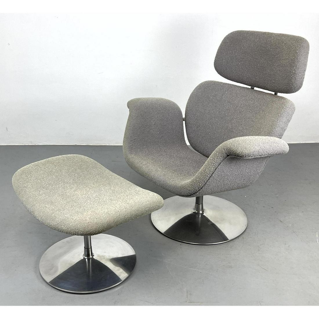 ARTIFORT by PIERRE PAULIN "Big Tulip" Swivel Lounge Chair and Ottoman. Gray tweed Upholstery. Marked (1 of 12)
