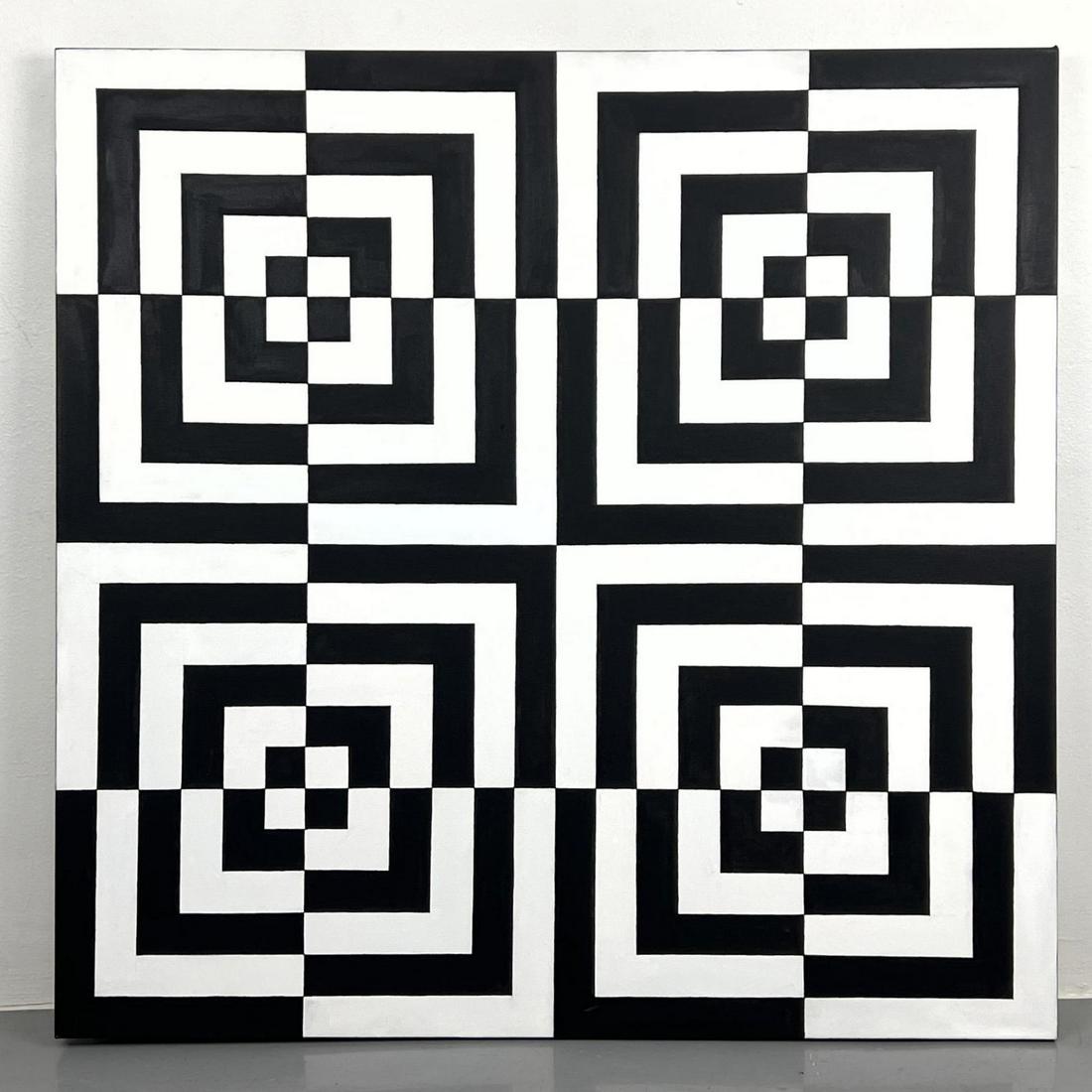 Lg TIM RAY FISHER Quadrants Black and white Op Art acrylic painting on canvas, signed: Lg TIM RAY FISHER Quadrants Black and white Op Art acrylic painting on canvas, signed Dimensions: H: 36 inches: W: 36 inches --- US Shipping charge: In house shipping available. Will be calculated onc