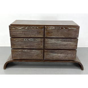 Paul Frankl style Limed Oak Low Dresser Chest. Six Drawer Cabinet rests on Bowed Side Base. Limed fi: Paul Frankl style Limed Oak Low Dresser Chest. Six Drawer Cabinet rests on Bowed Side Base. Limed finish contrasts elegantly with dark stained oak. Dimensions: H: 36 inches: W: 63 inches: D: 19.5 inch