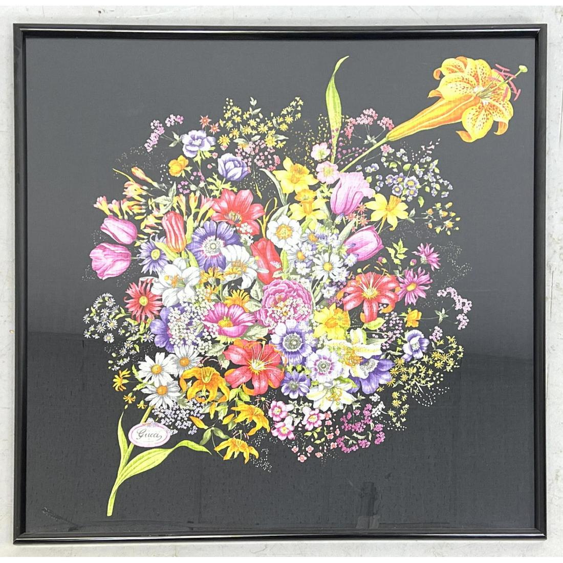 Framed GUCCI scarf. Flower Bouquet.: Framed GUCCI scarf. Flower Bouquet. Dimensions: H: 34.5 inches: W: 34.5 inches --- -- We offer curbside delivery to NYC, Manhattan, Close Brooklyn, Hoboken about a week after the auction at reasonable