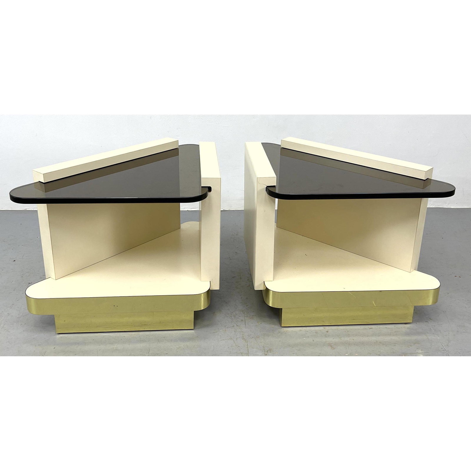 Pr Topaz Glass Top Triangular Side End Tables. Opposing Forms. Gold tone base trim. (1 of 9)
