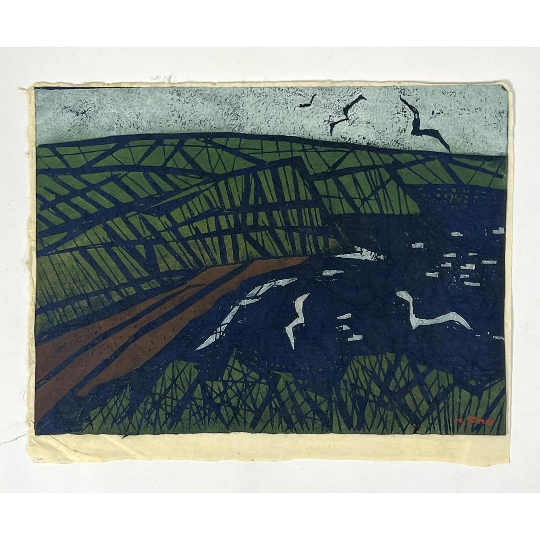 TADASHIGE ONO Japanese Woodblock Print. Colorful Landscape with Birds. Signed. 11/50. (1 of 6)