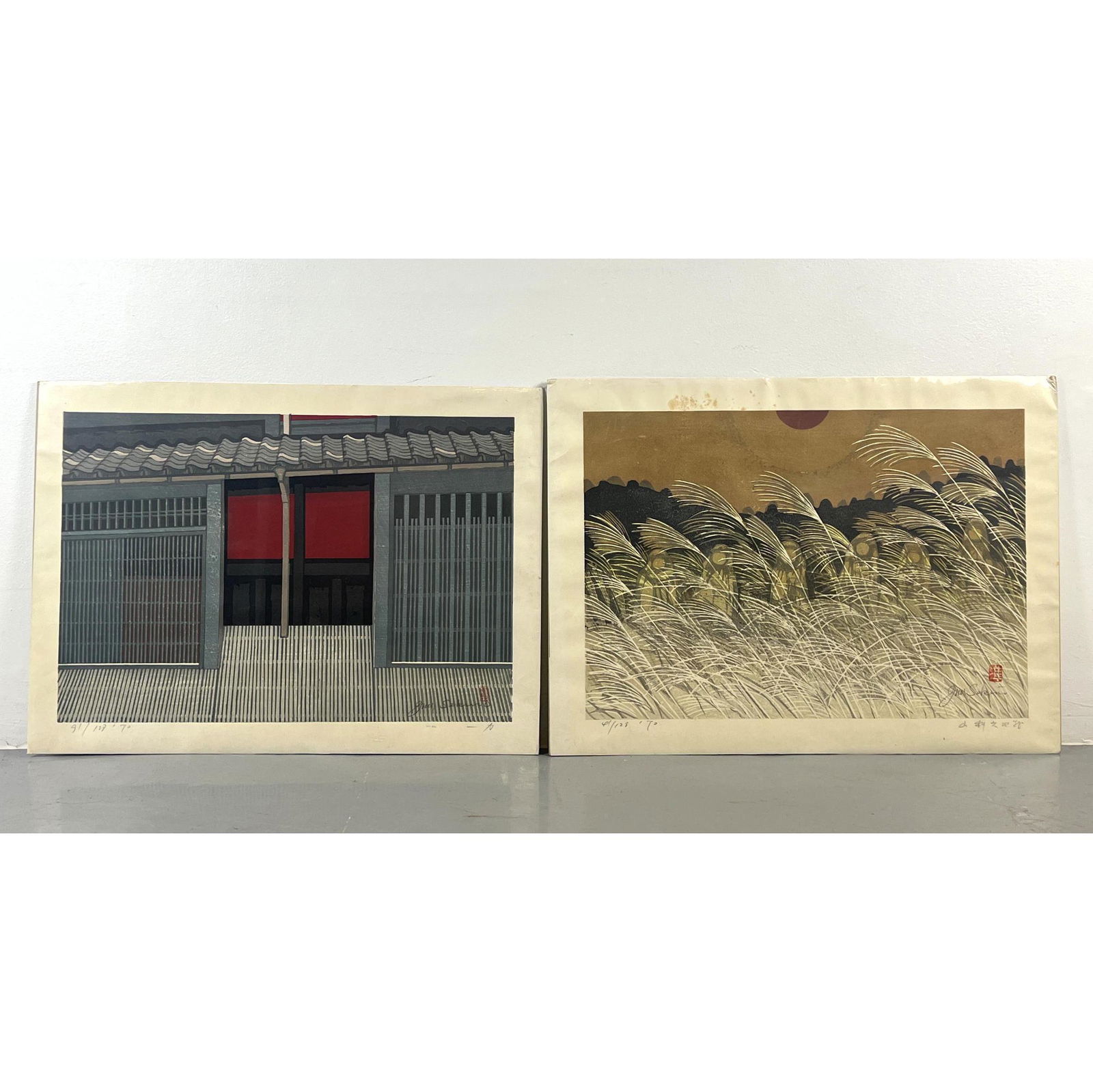 2pc JUNICHIRO SEKINO Japanese Woodblock Prints. Figures in Wheat Fields. 41/128. Dated '70. 2). Entr (1 of 12)