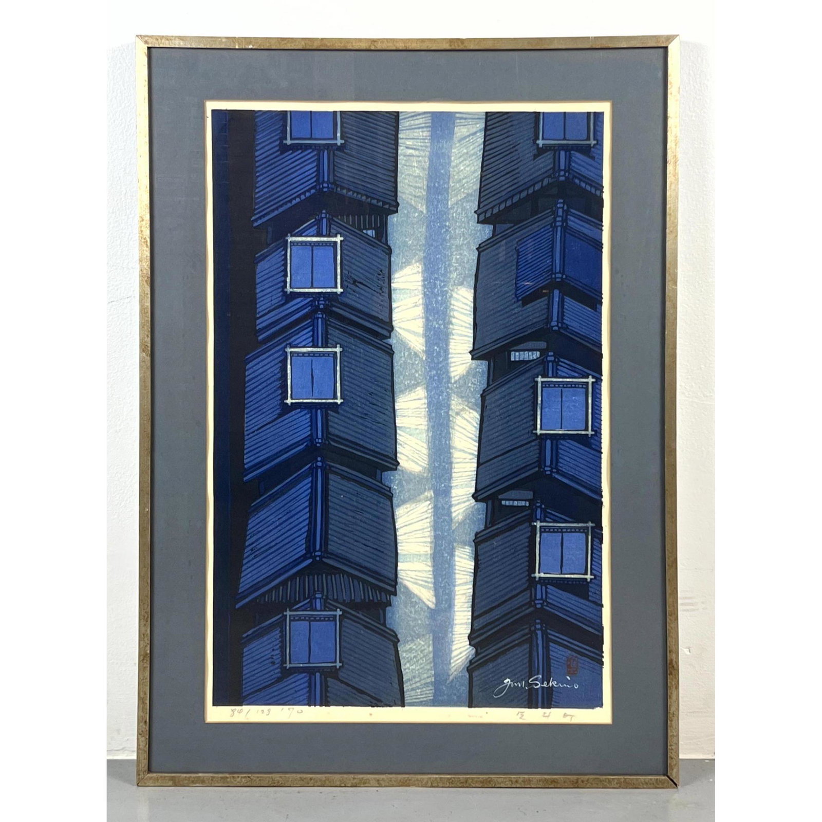 JUNICHIRO SEKINO Japanese Wood Block Print. Blue Roof Tops. "Ponto Cho". Signed. 84/128  Dated '70. (1 of 14)