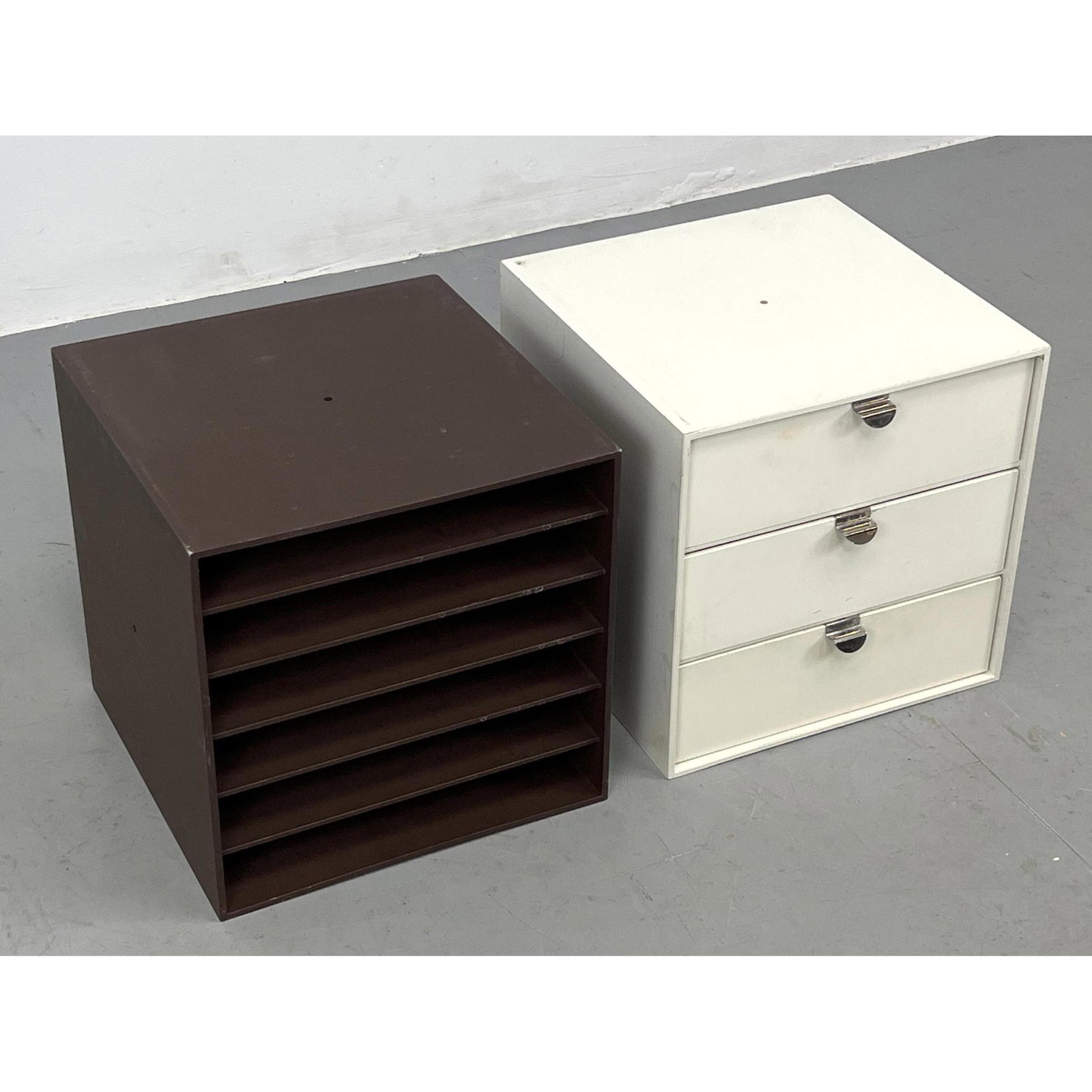 Pair of Finland Palaset Storage Cubes. Cube Form Modernist Cabinets. 1) Brown with closely spaced sh (1 of 9)
