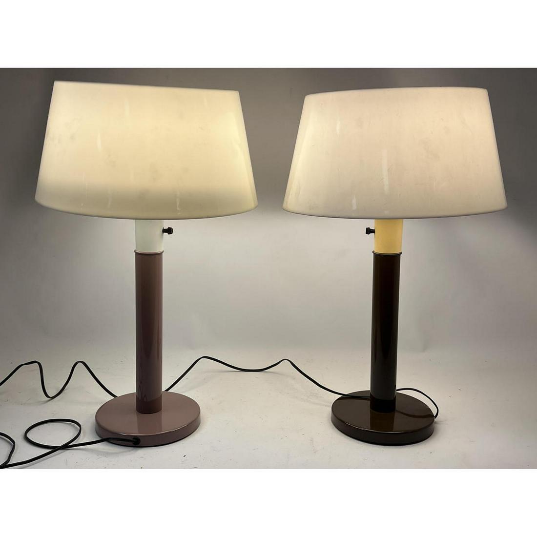 2pc Modernist Table Lamps. One Pink Base. One Brown Base. Matching cream plastic shades with vented (1 of 14)