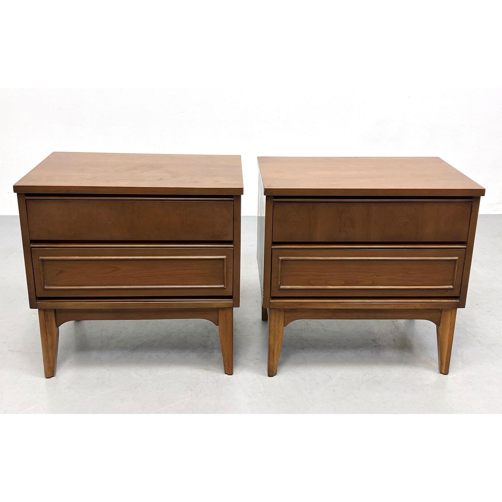 Pr American Modern Walnut Side Tables Night Stands. Two Drawer