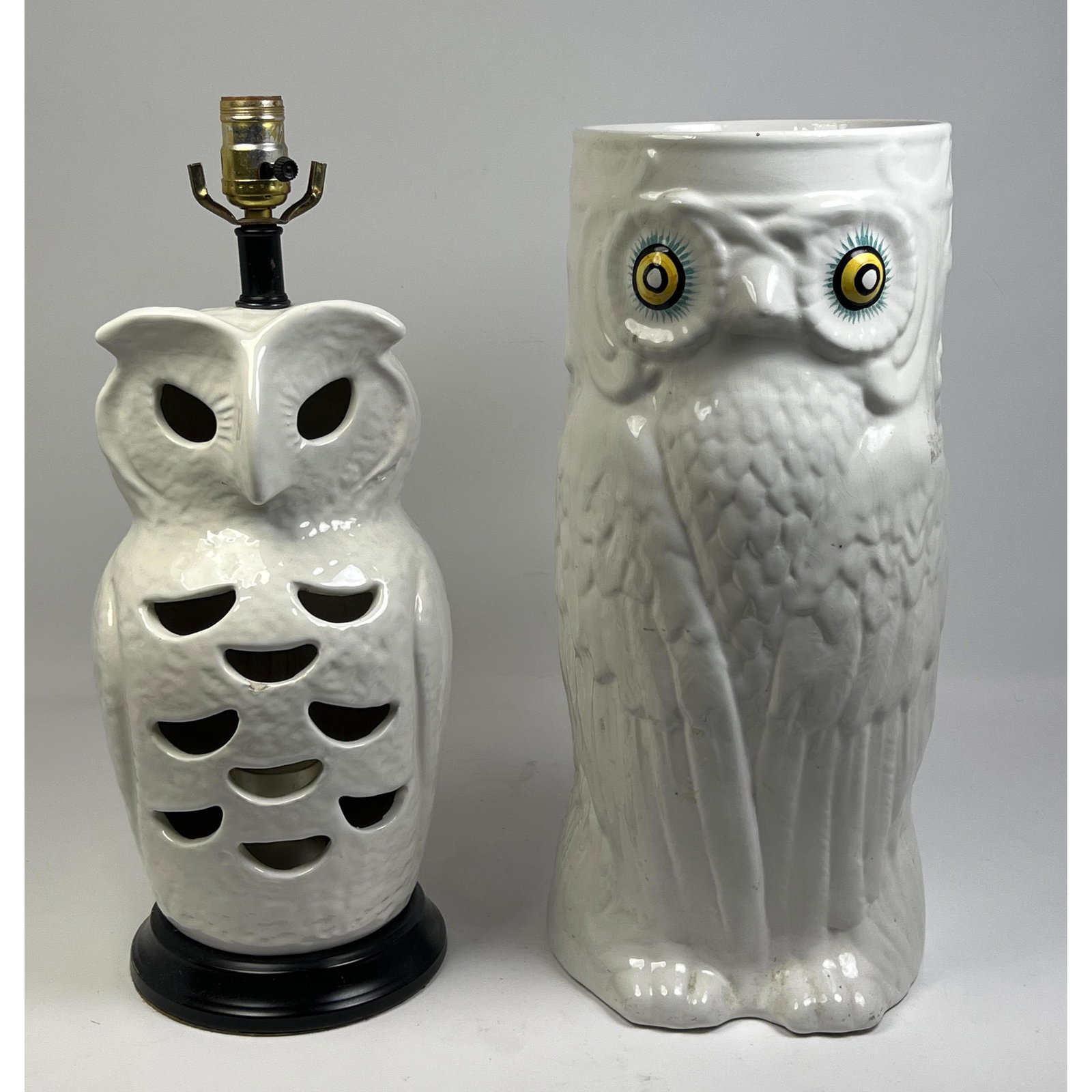 Figural Owl Modern Pottery. Owl Lamp with Pierced Design. Owl Relief Tall Vase. (1 of 11)