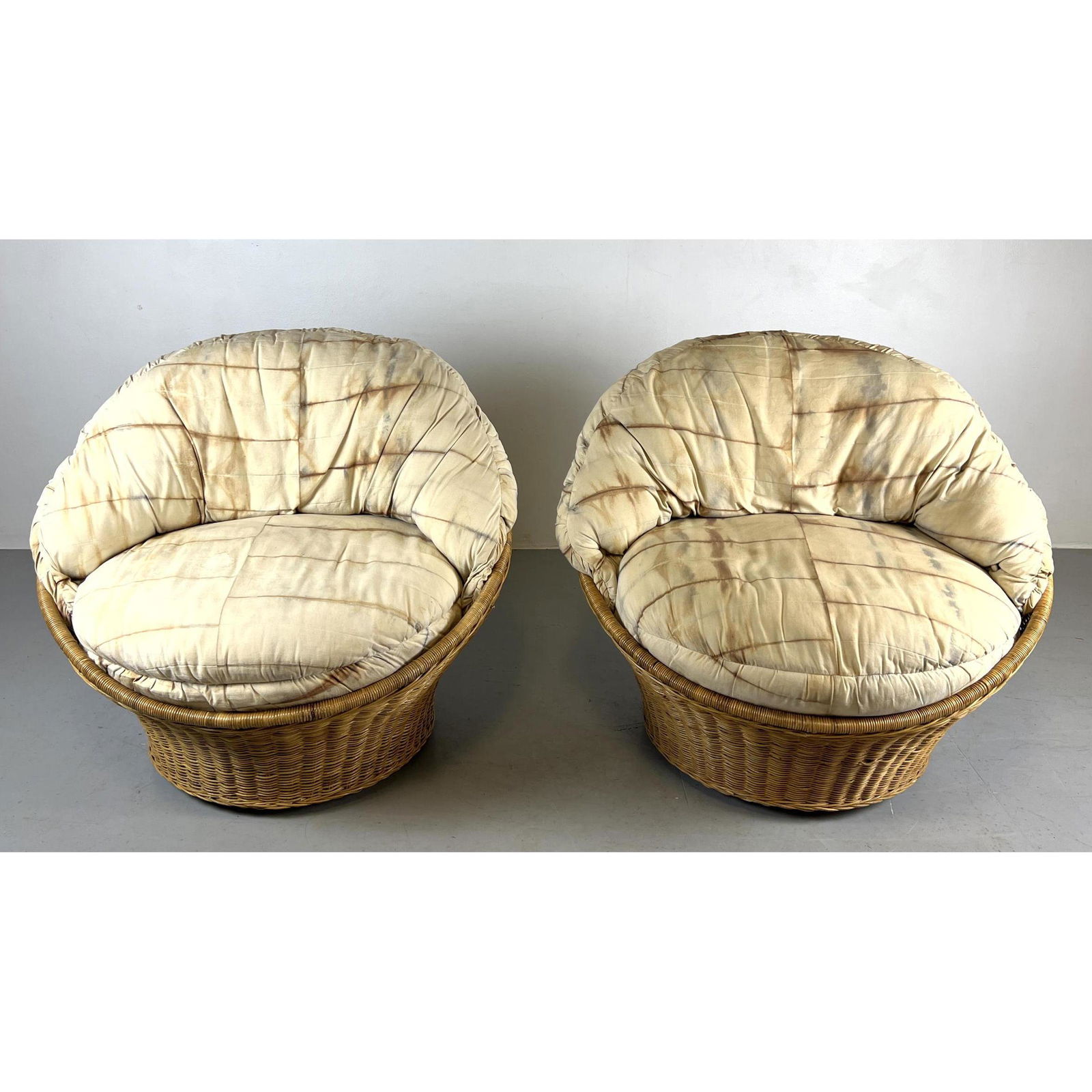 Pr Swivel Woven Rattan Modernist Lounge Chairs. Muffin Form with thick stuffed cushions. Tie Die Fab (1 of 8)