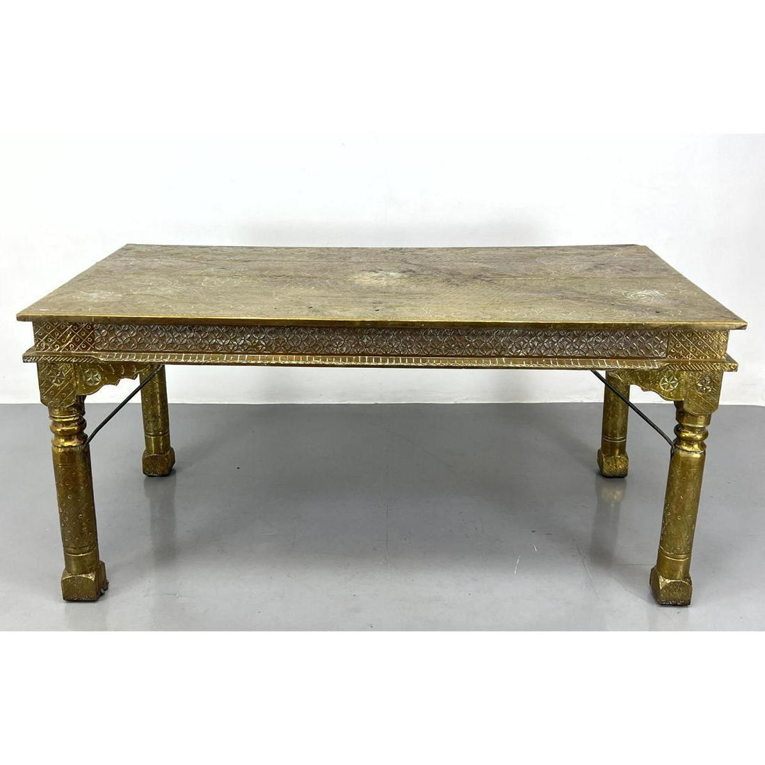 East Asian Tooled Brass Dining Table. Decorated Brass sheet covers wood frame table. Intricate desig (1 of 17)