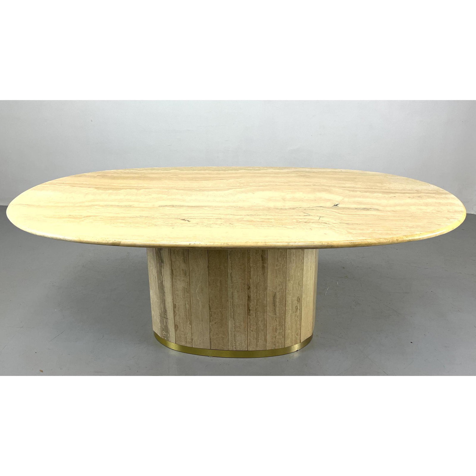 Modernist Travertine Marble Oval Dining Table. Faceted Travertine Pedestal Base with gold tone base (1 of 14)