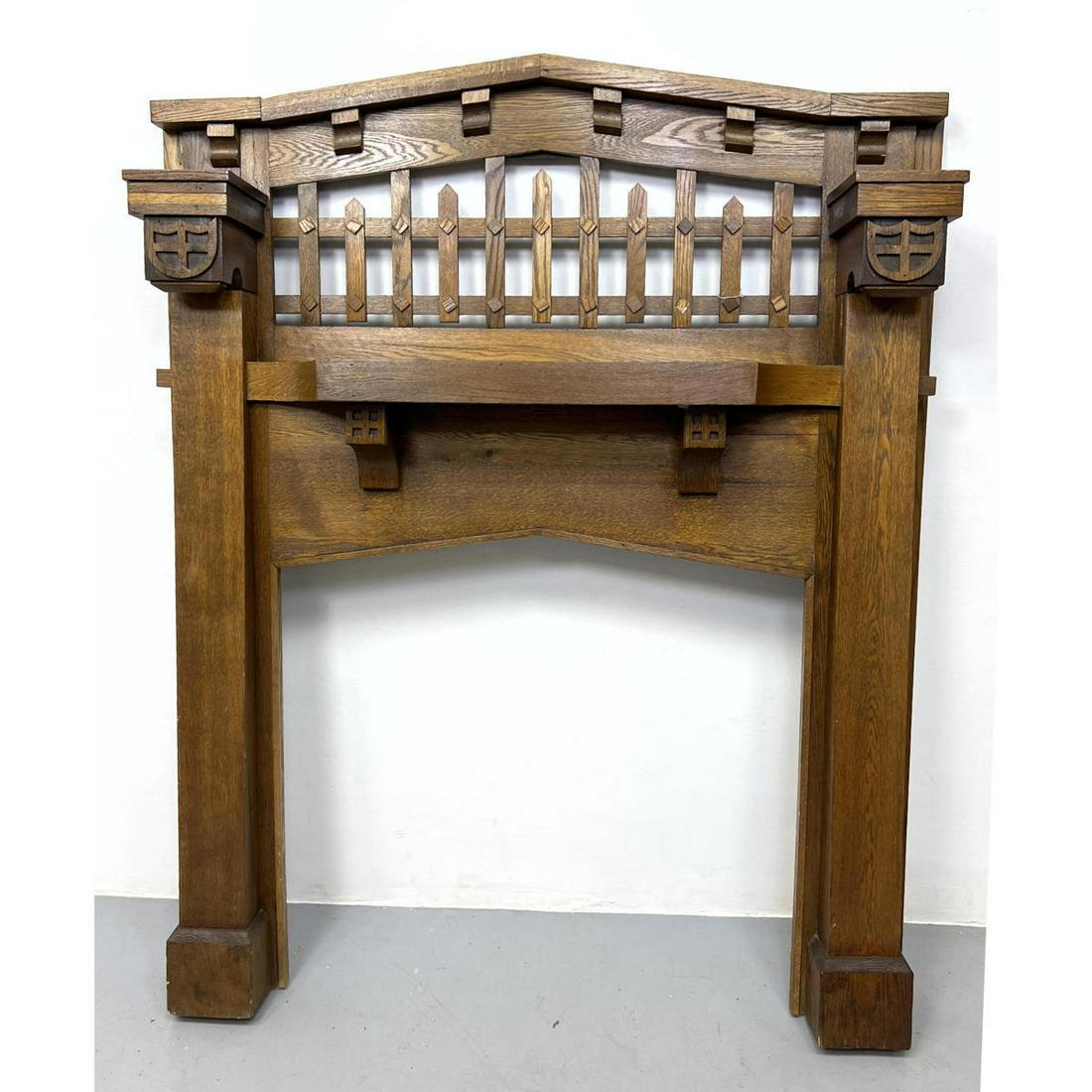 Arts and Crafts Oak Fire Place surround with Gothic heraldic influence (1 of 10)