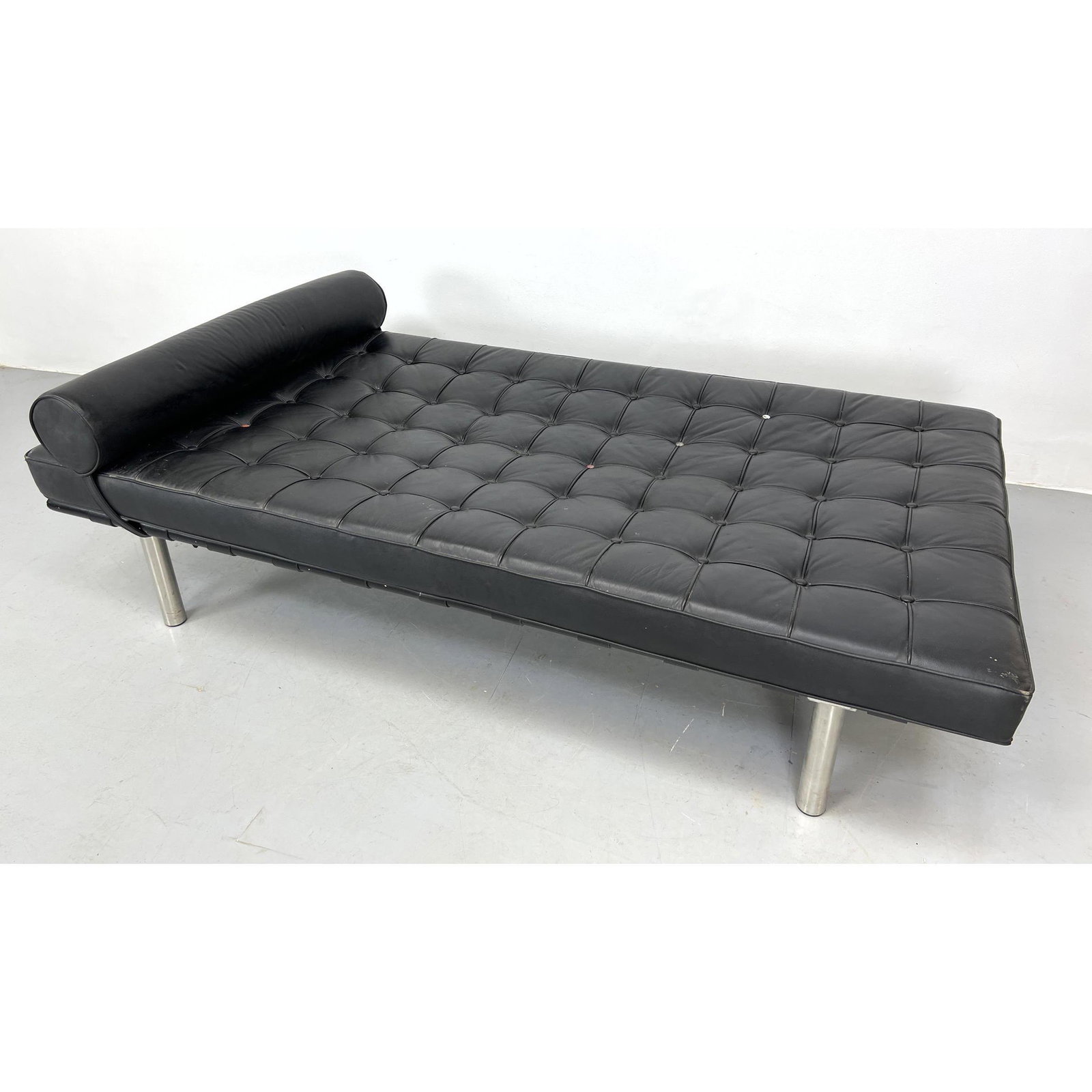Mies van der Rohe style Leather Daybed. Chaise Lounge. Wood frame with chrome legs. (1 of 17)