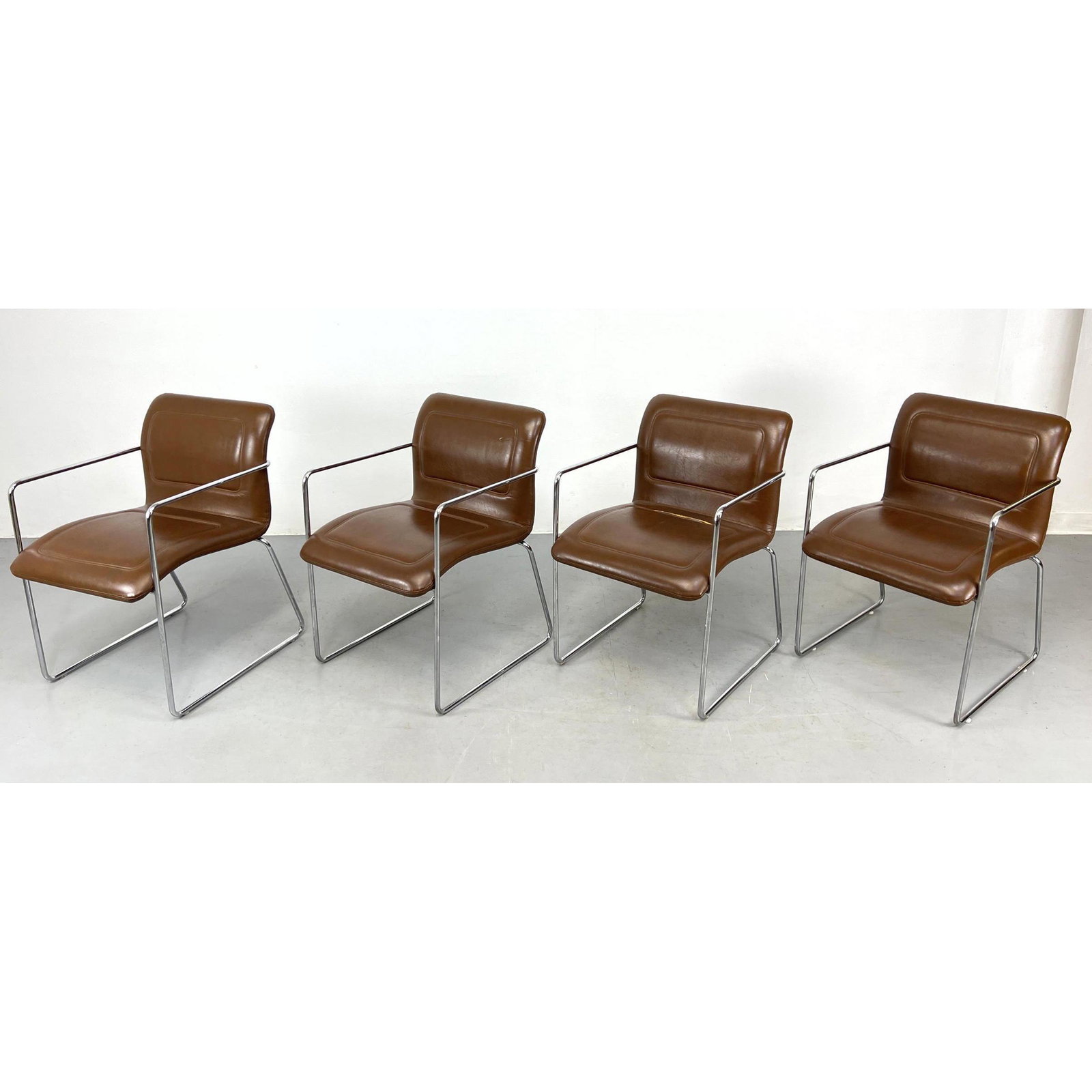 Set 4 Thin Chrome Tube Frame Dining Chairs. Brown Vinyl Seats. Label. (1 of 13)