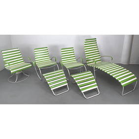 6pc Mid Century Modern Outdoor Patio Furniture. Green and White Straps. Pr Lounge Chairs/Rockers. Pr (1 of 17)