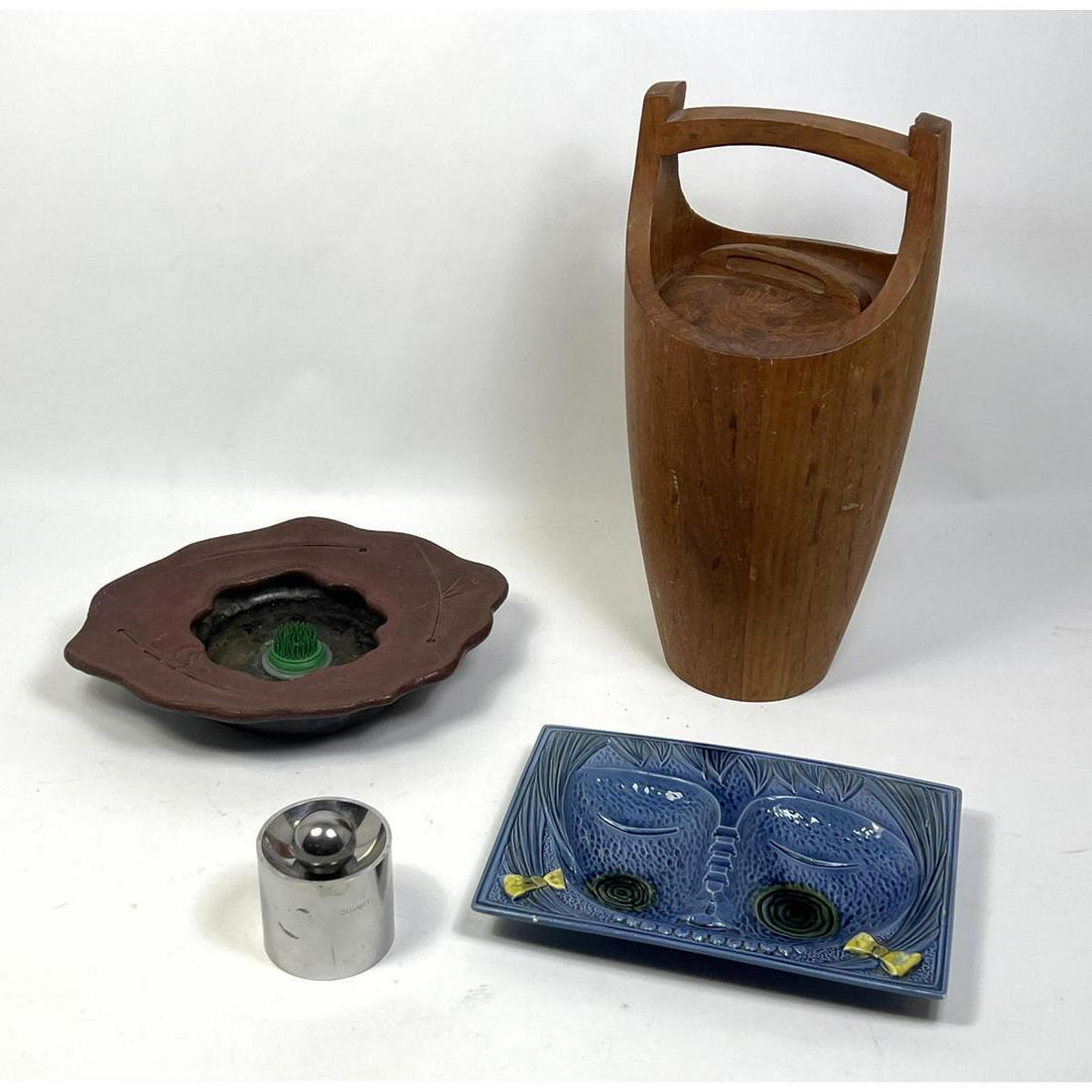 4pc Modern Design Collection. DANSK IHQ Teak Ice Bucket with chips. OLIVETTI Metal. Two Pottery Dish (1 of 19)