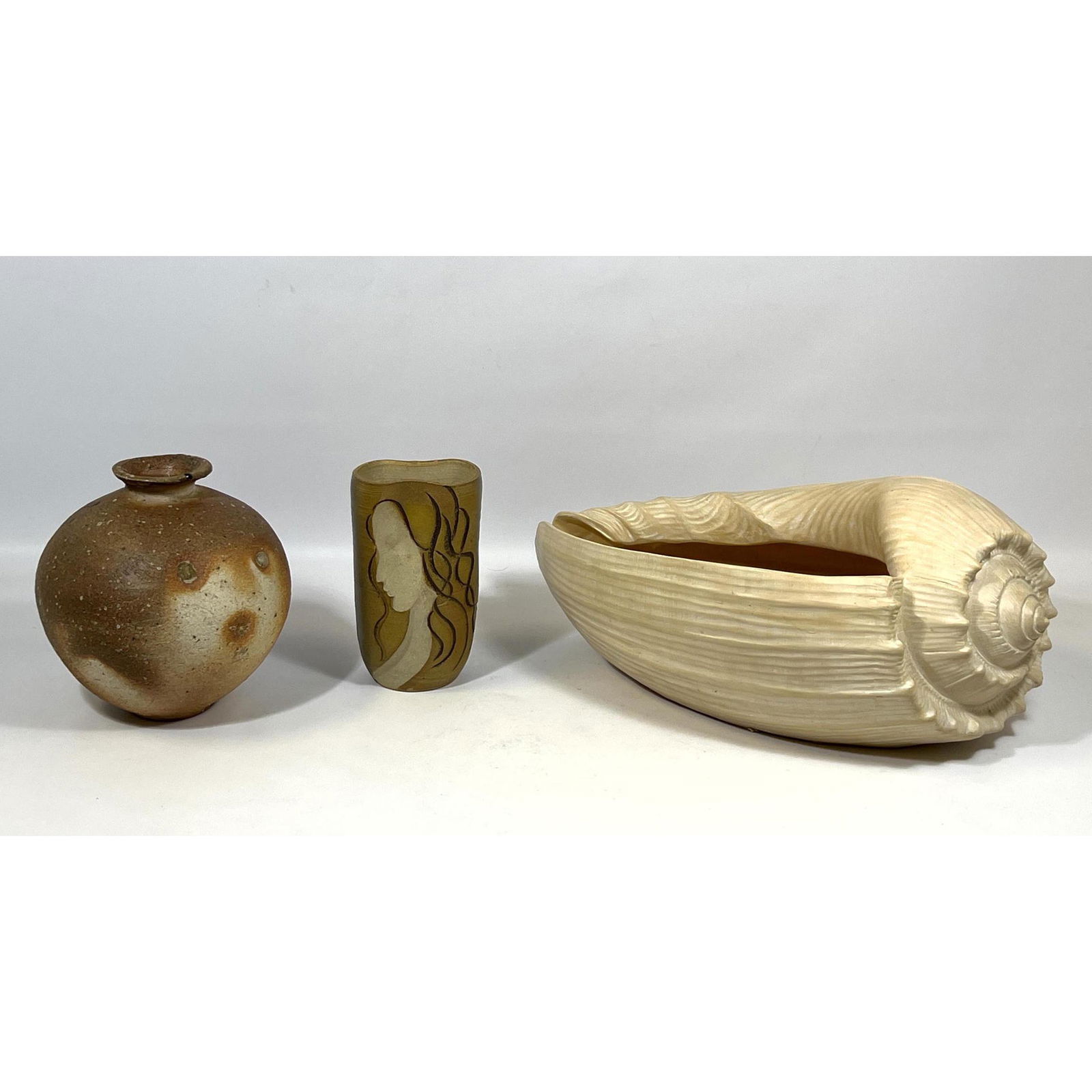 3pc Modernist Pottery Lot. Conch shell form planter. ERIKA BONNER Raku style vase. J. Loo Vase with (1 of 15)