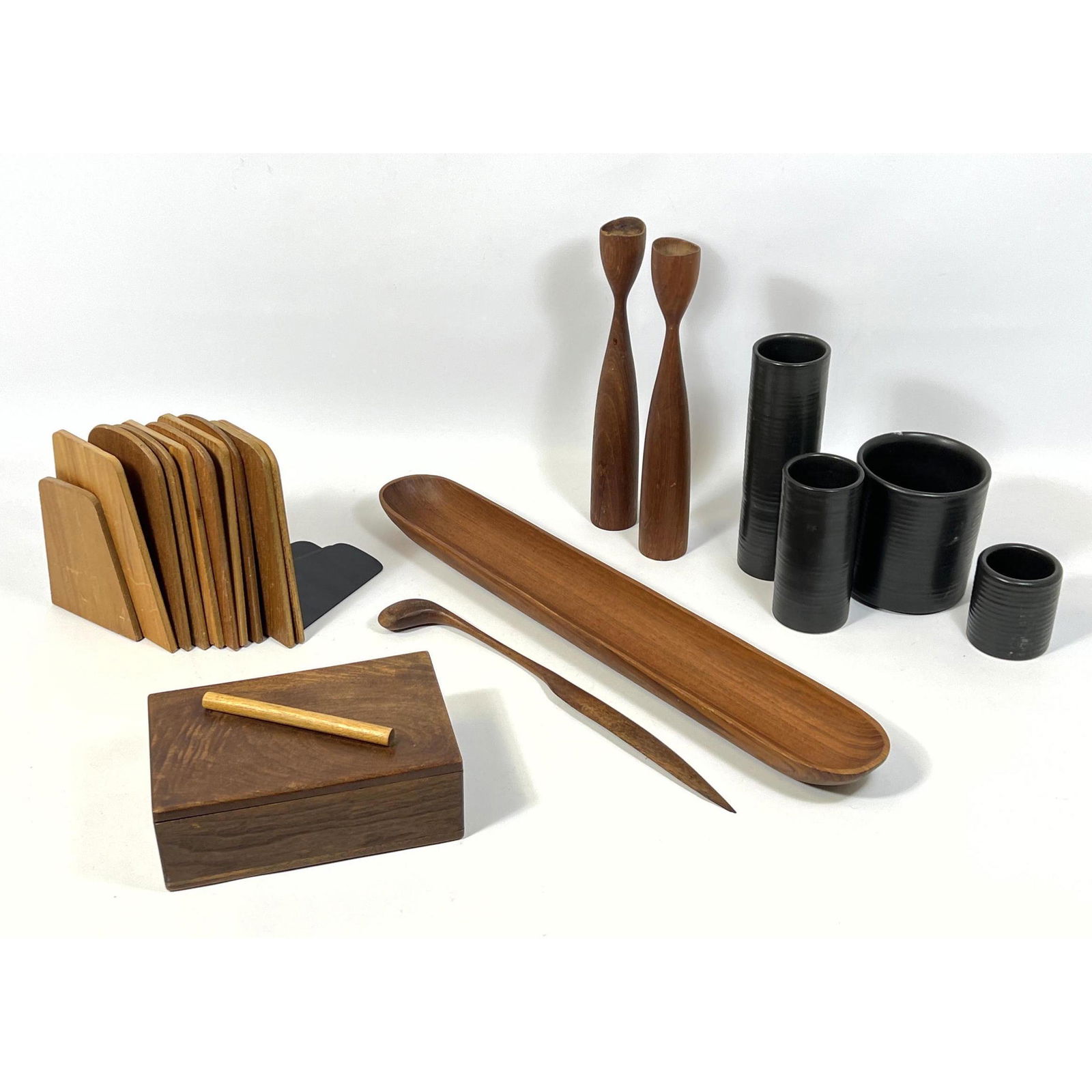 Collection Wood and Pottery Modern Design Lot. Teak wood bookends. Lidded Box. Long tray. Danish Tea (1 of 19)