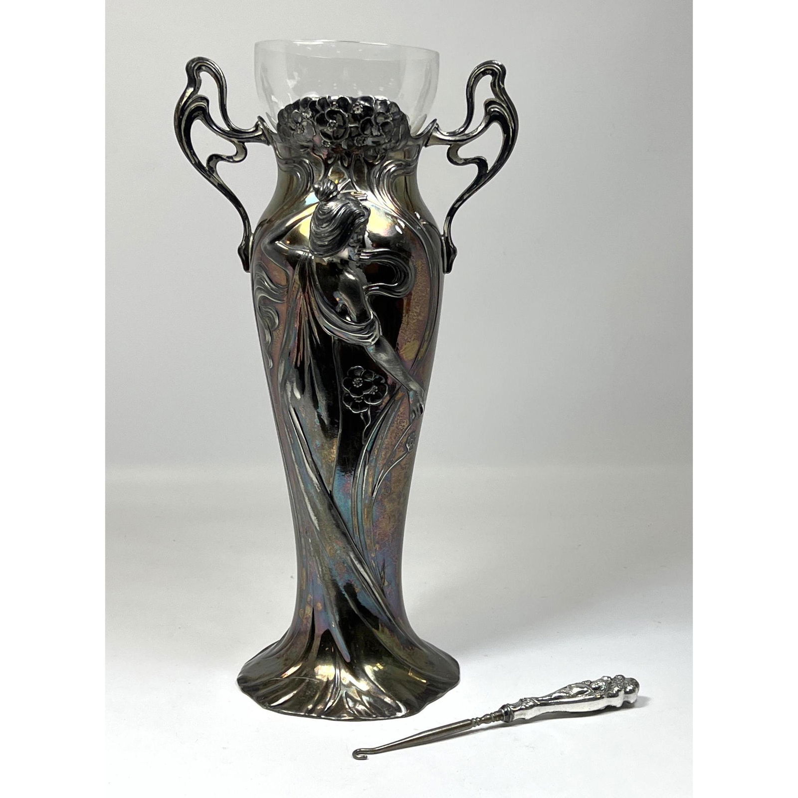 Art Nouveau WMF style vase with 3D Relief Women. Silver Plate. Lot includes an Antique Art Nouveau B (1 of 10)