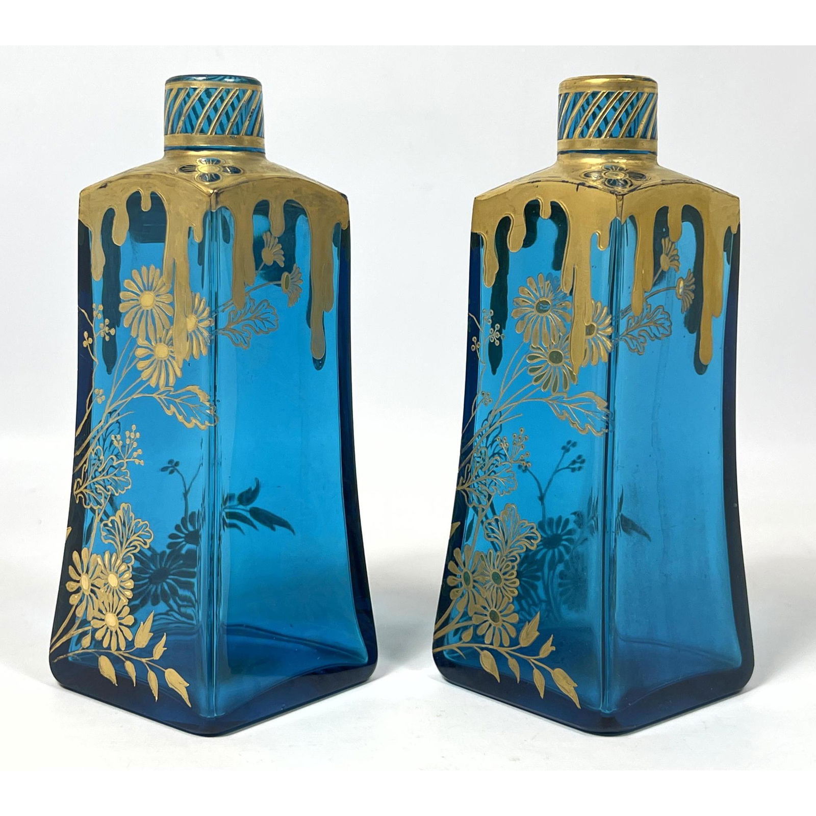 Pr Elegant Blue Glass Bottles Vases. Asian style Gilt Paint Details of Mums and Drippy Shoulders. (1 of 8)