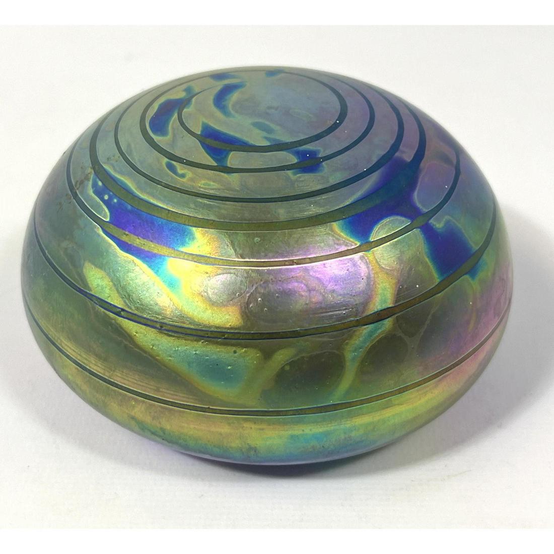 4" LEVAY Studio Art Glass Paperweight. Iridescent finish. Signed Mar