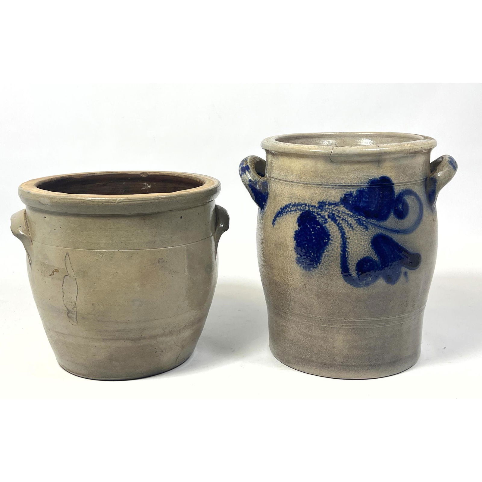 2pcs Vintage Glazed Stoneware Crocks. WHITE and WOOD has Hand Painted Vine Design. Each has handles. (1 of 11)