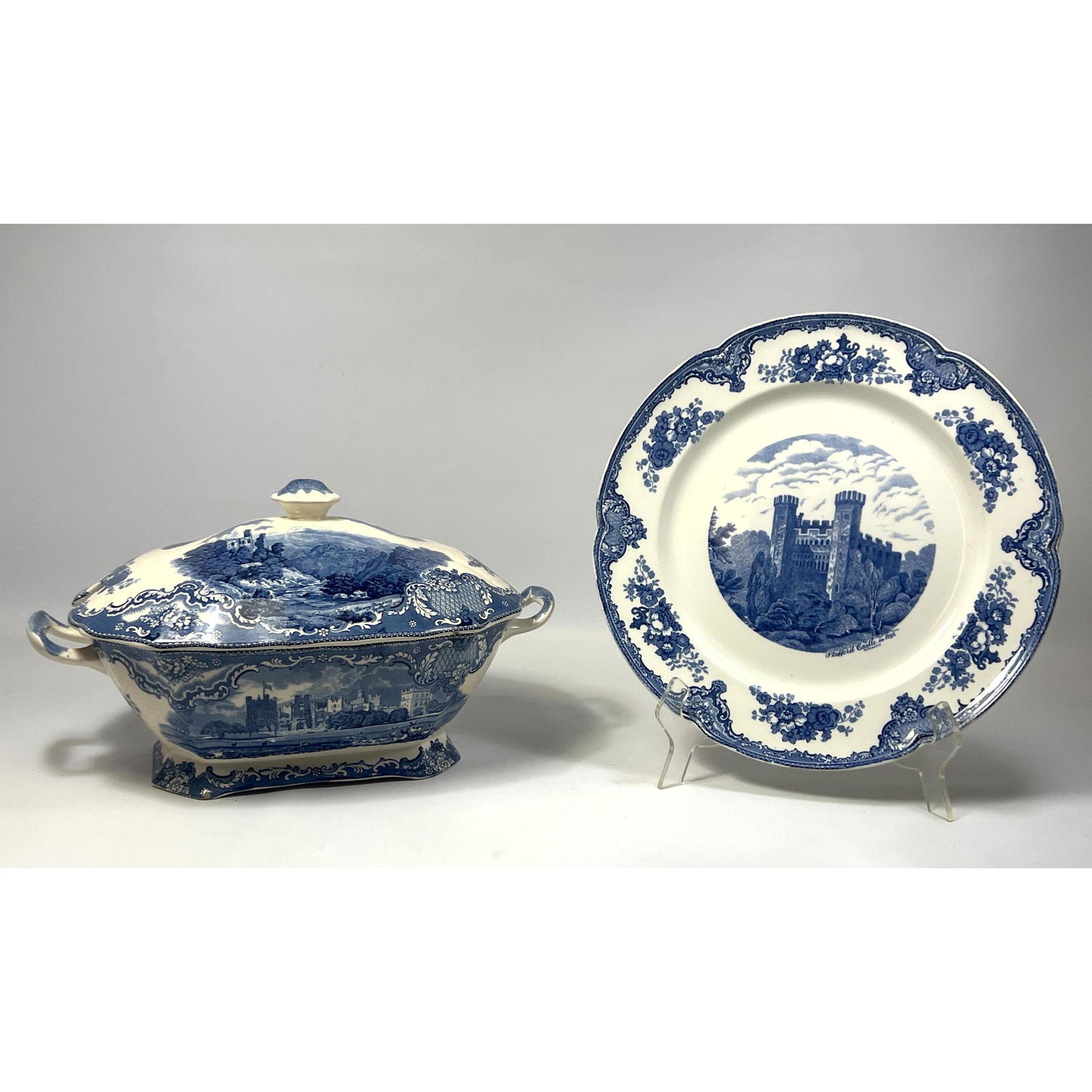 2pc JOHN SON BROS Blue Transfer Ware. "Old Britain Castles" Footed Tureen with Lid. And Plate with S (1 of 17)