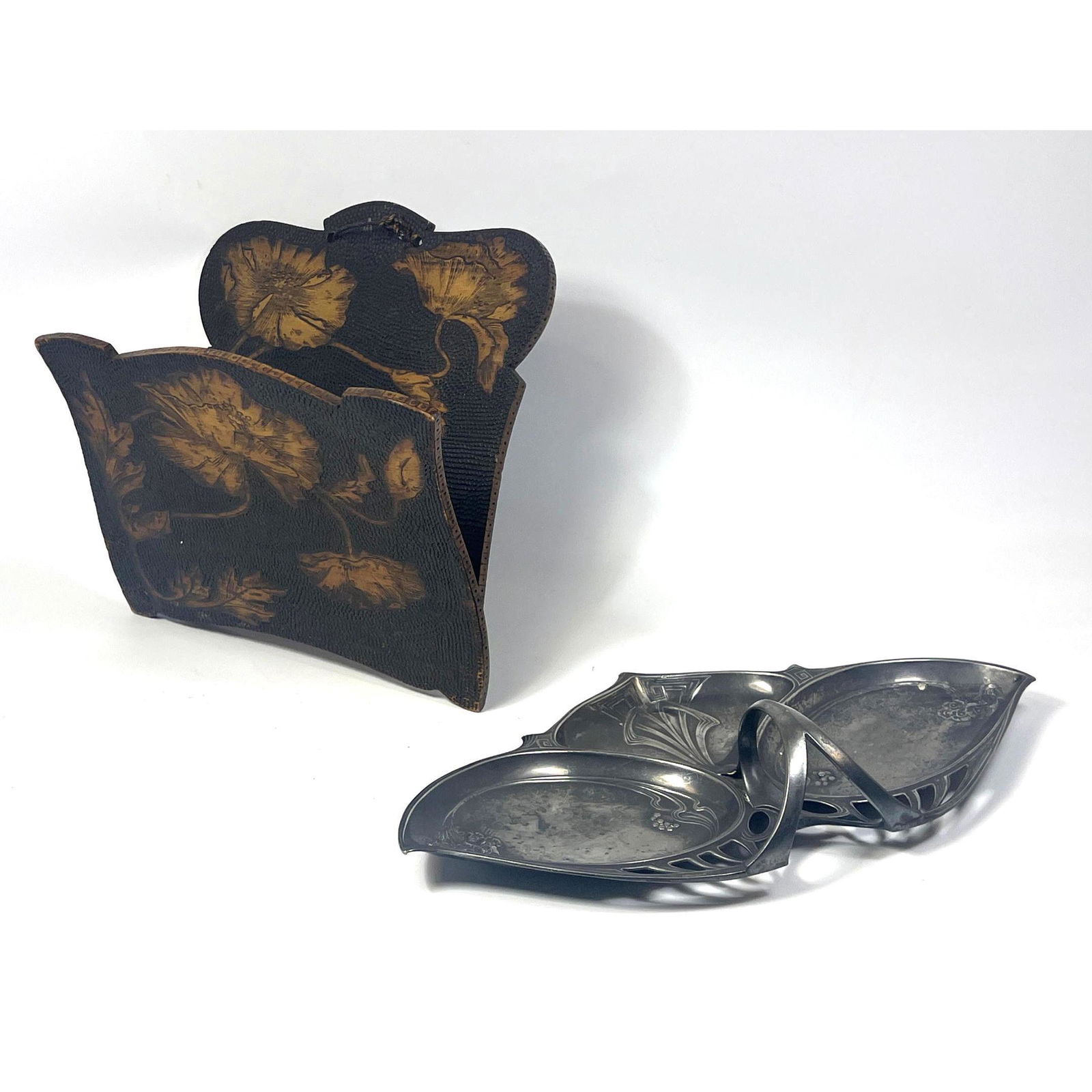 2pc Vintage lot. Art Nouveau Handled Serving Dish; probably pewter. Poppy Design Pyrography letter h (1 of 12)