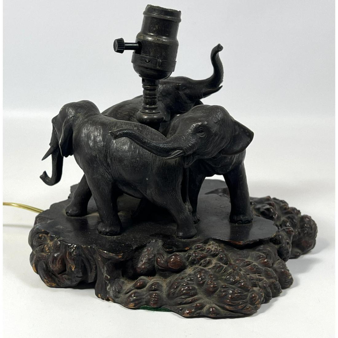 Bronze 3 Elephants Figural Sculpture Table Lamp. Mounted on burl wood Slab. (1 of 12)