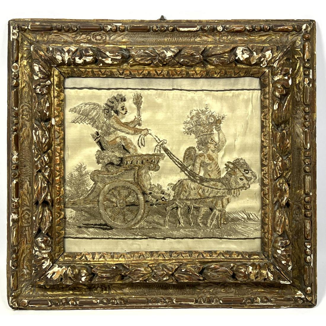 Framed Antique Italian style silk embroidered panel. allegorical scene (1 of 7)