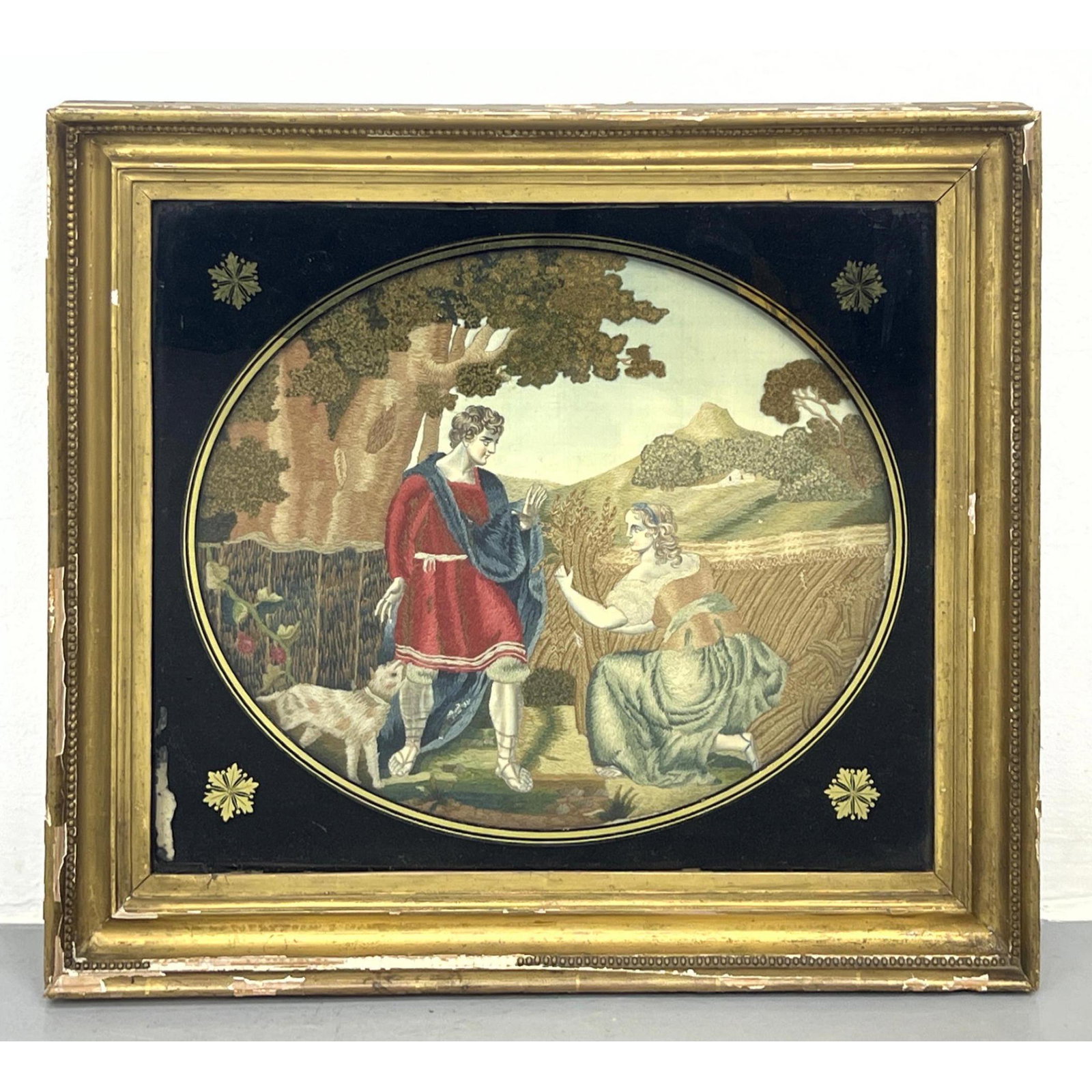 Antique Embroidery of Couple in Field with a Dog. Hand Painted Heads and arms on silk.: Antique Embroidery of Couple in Field with a Dog. Hand Painted Heads and arms on silk. Dimensions: H: 20 inches: W: 23 inches ---