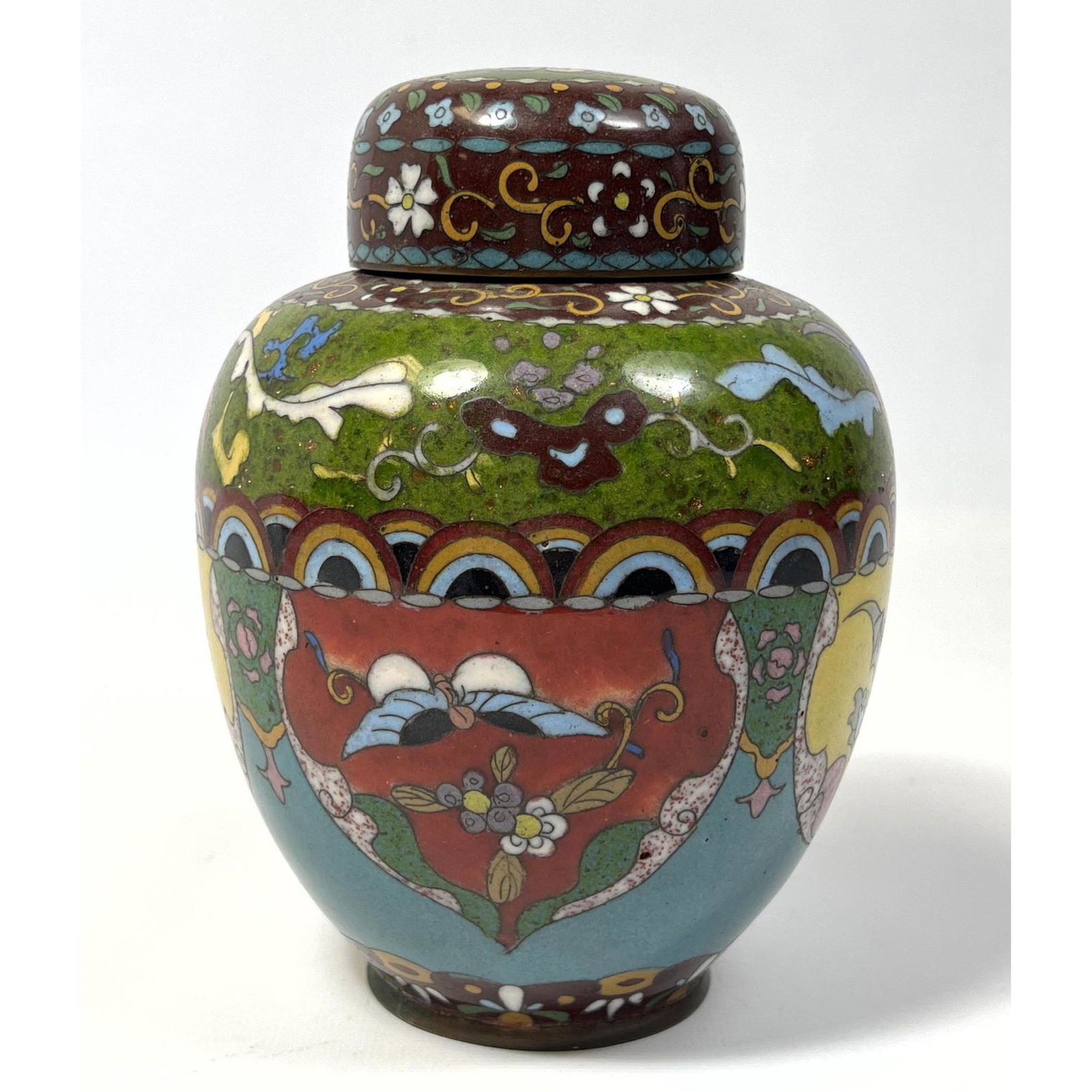Cloisonne covered jar with sparkle enamel butterflies, birds, Bats and floral. Unmarked. (1 of 7)
