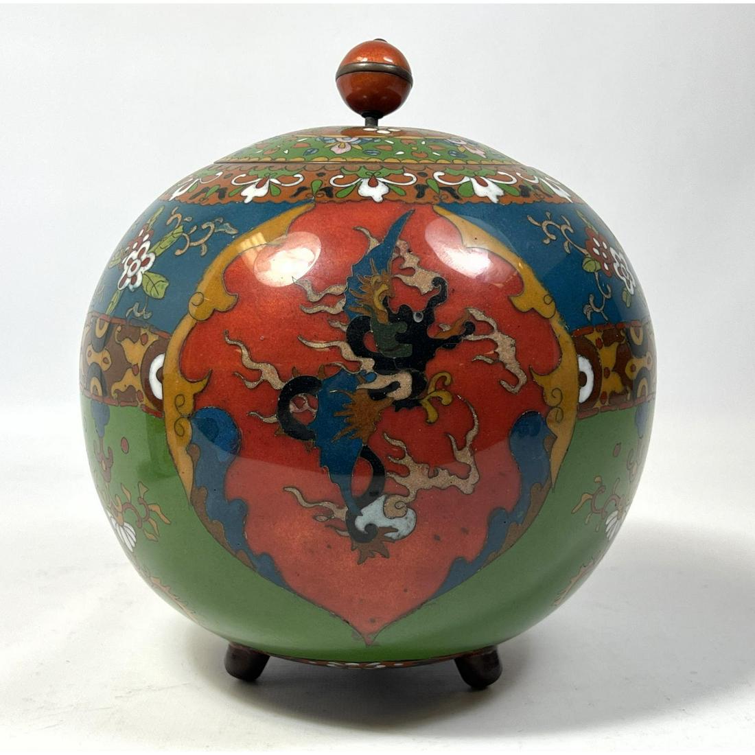 Large Cloisonne lidded jar with blue green enamel. Dragon and floral. unmarked. (1 of 9)