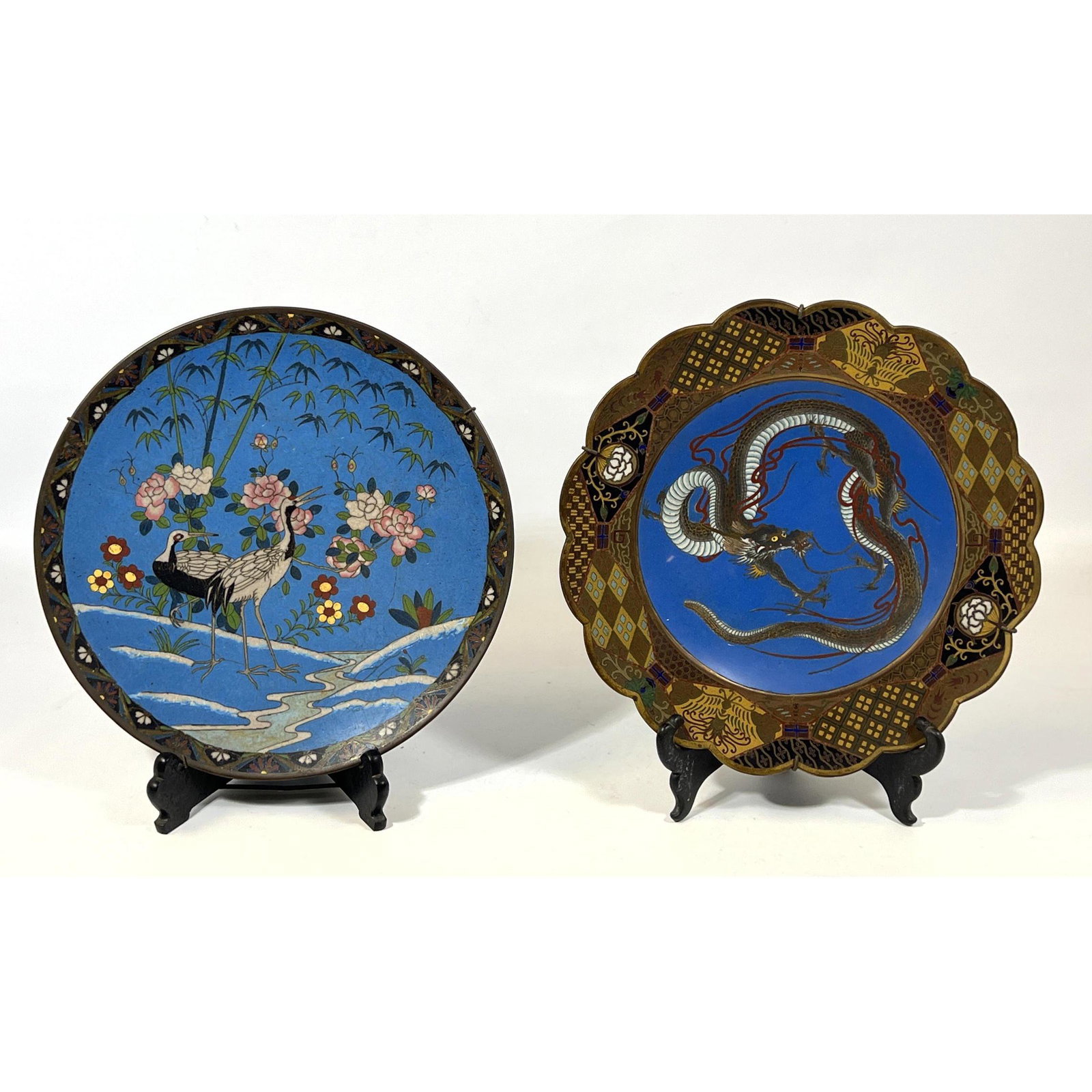 2pc Cloisonne charger plates. Scalloped edge, dragon, storks.: 2pc Cloisonne charger plates. Scalloped edge, dragon, storks. Dimensions: H: 12 inches: W: 12 inches --- US Shipping charge: $50 Plus insurance at a rate of $1 per hundred.