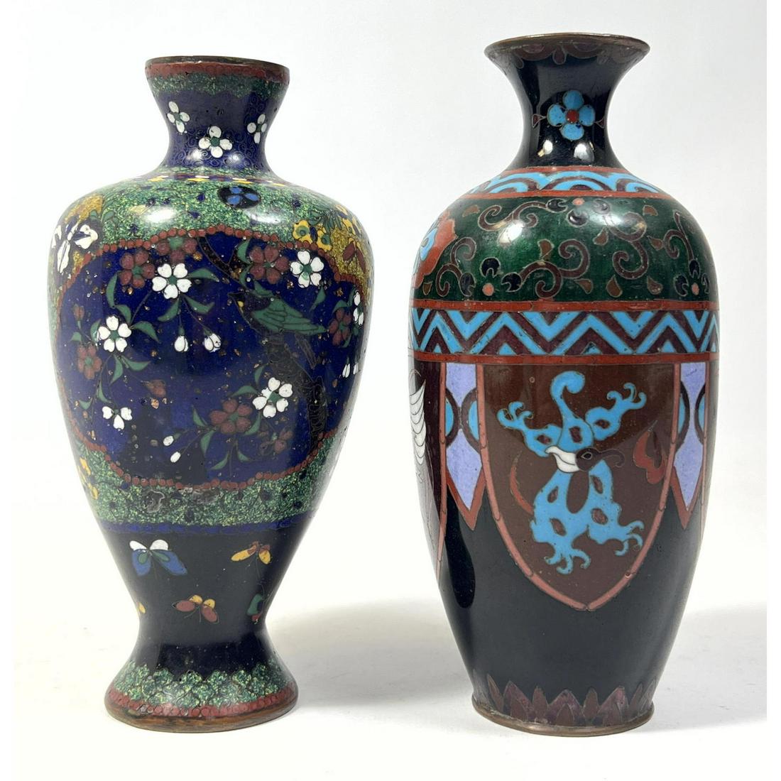 2pc fine Cloisonne vases sparkle butterflies and abstract birds. Unmarked (1 of 13)