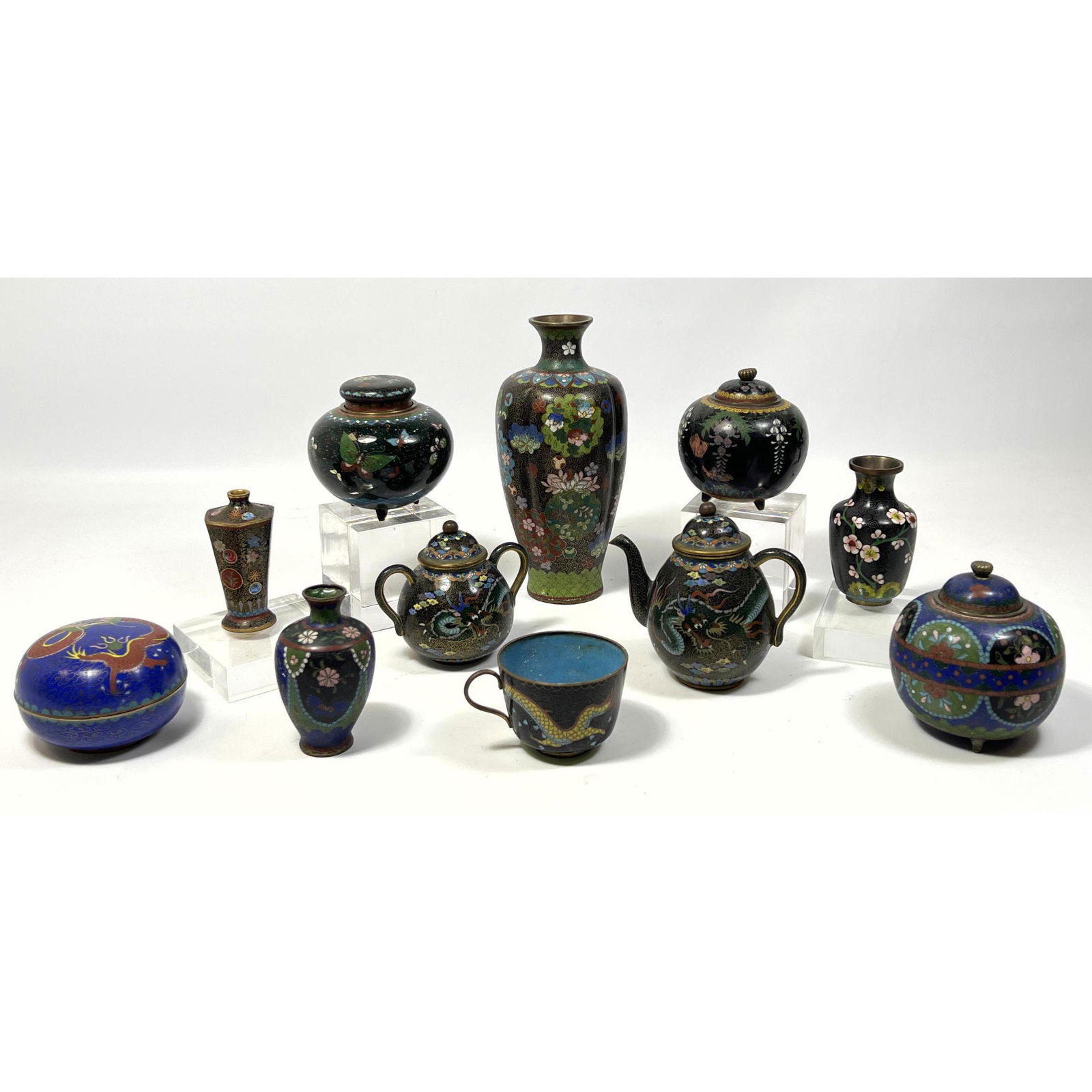 12pc Cloisonne 4 vases, 4 covered jars. Etc. Two marked Japan. (1 of 20)