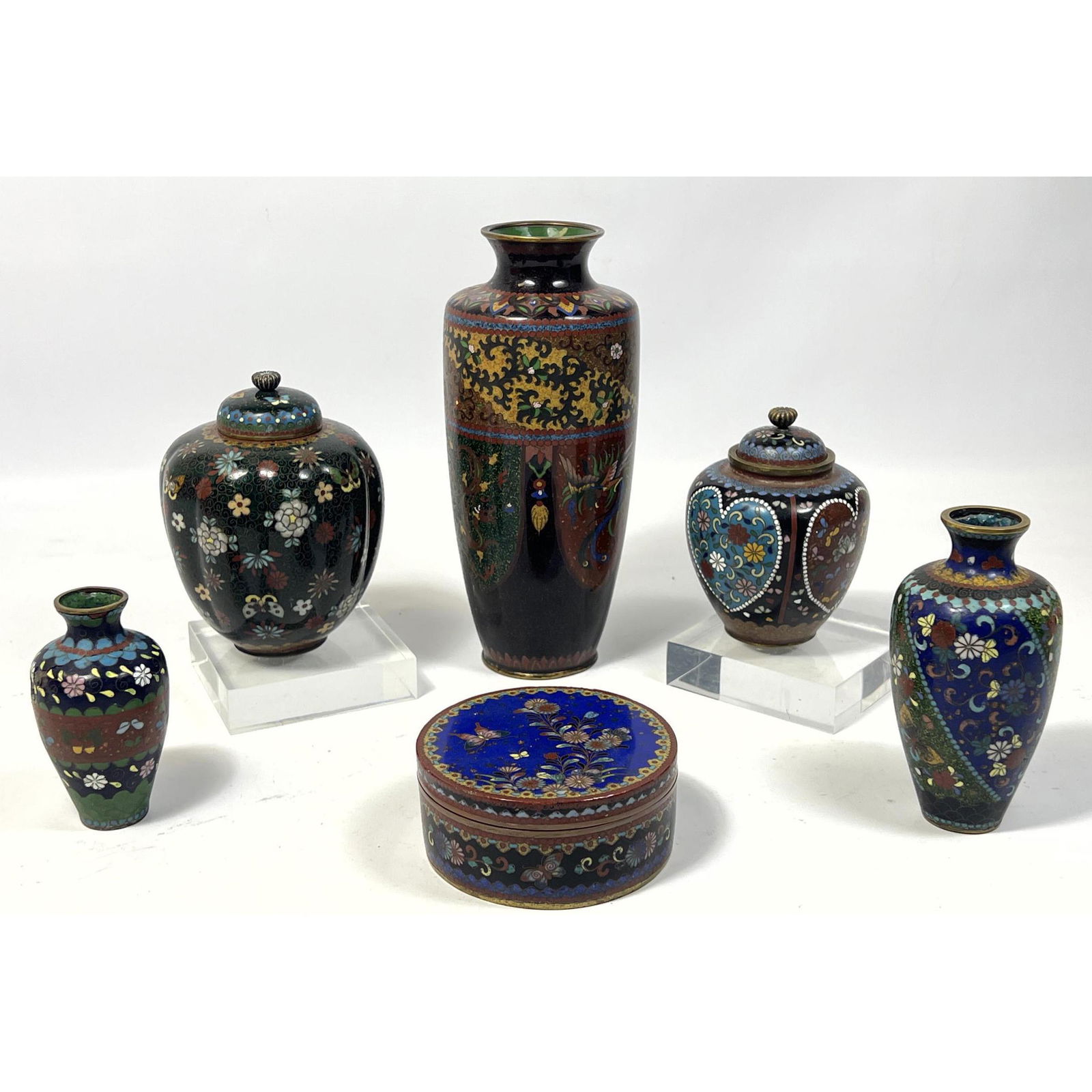 6pc fine Cloisonne 3 vases, 3 covered jars, butterflies, sparkle enamel. (1 of 20)