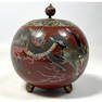 Fine Cloisonne lidded jar with reddish enamel. Dragon and floral lid. unmarked