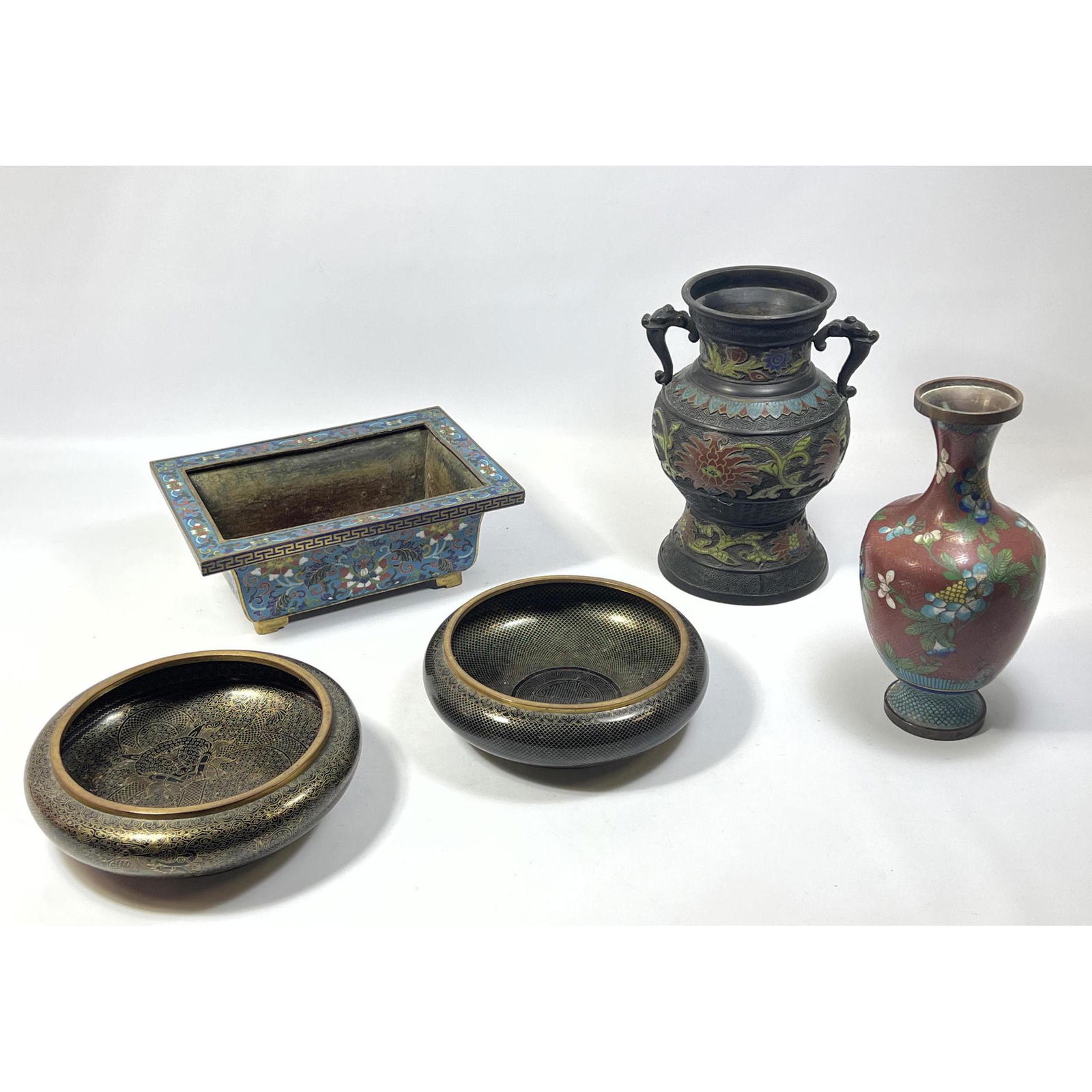 5pc lot cloisonne 2 vases 2 bowls planter. Floral, Japan Champleve. Brass. (1 of 20)